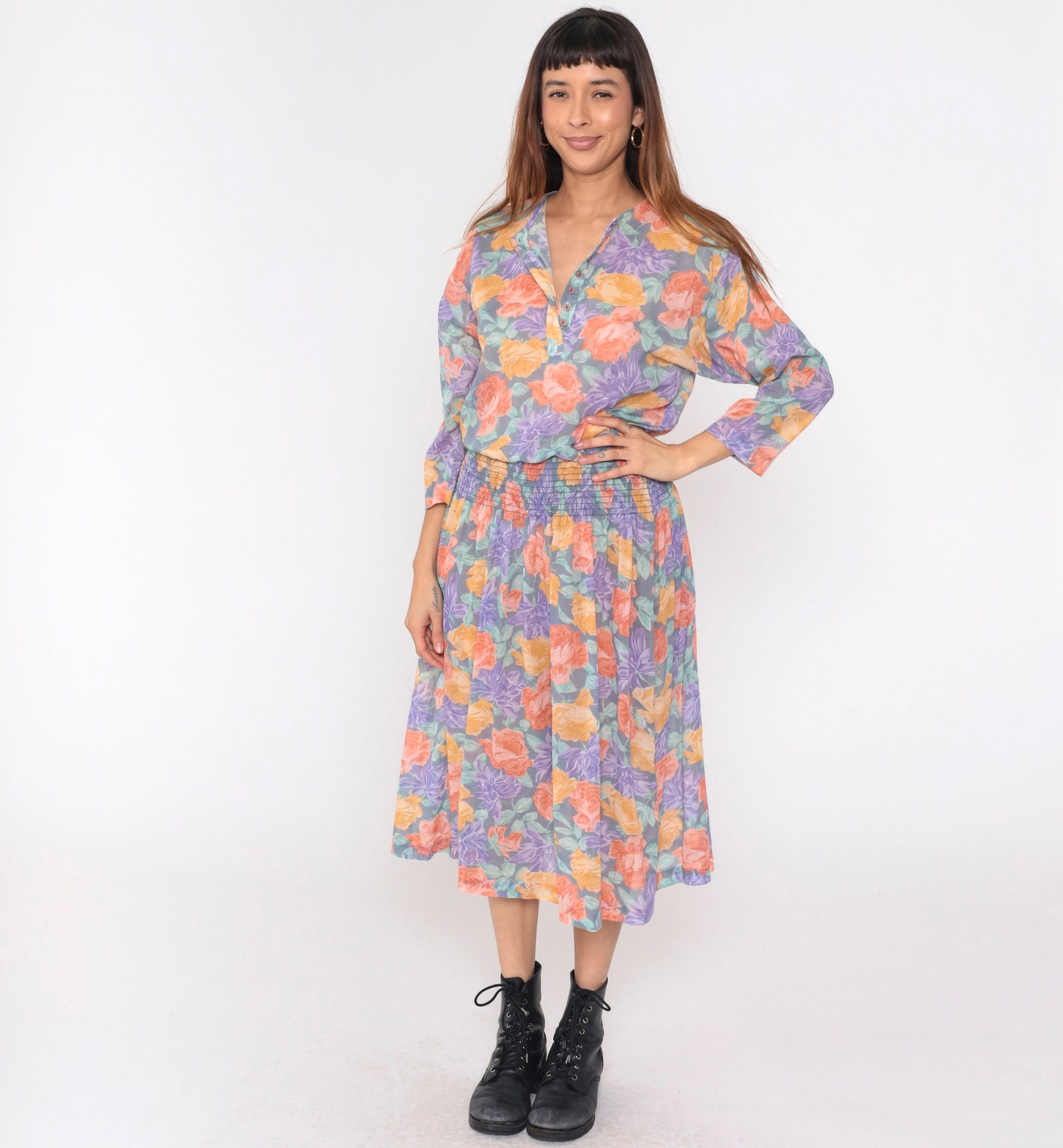 80s Starlo Fashions Floral Midi Dress Smocked Waist Henley Neckline Medium