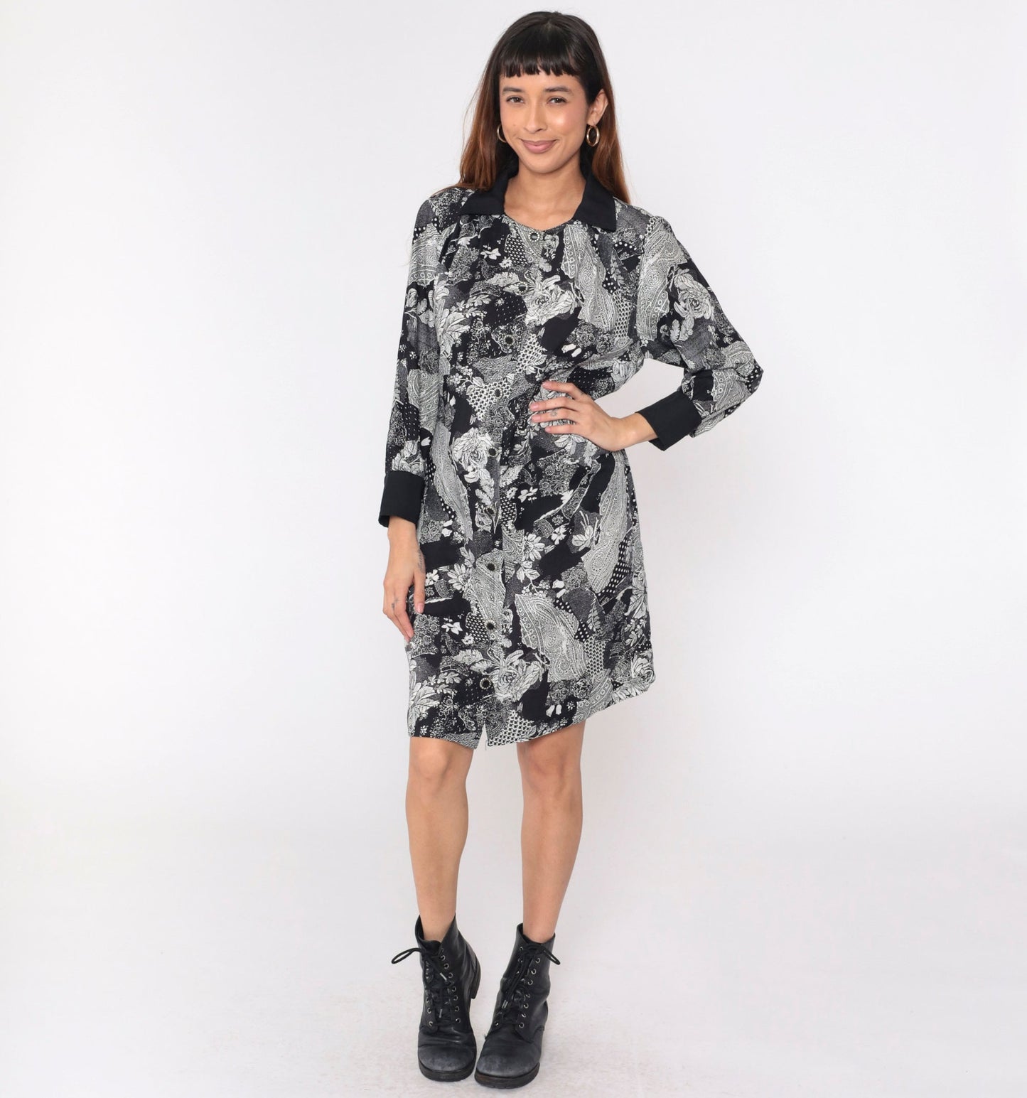 90s Patchwork Paisley Floral Mini Dress Black White Button Up Long Sleeve Medium