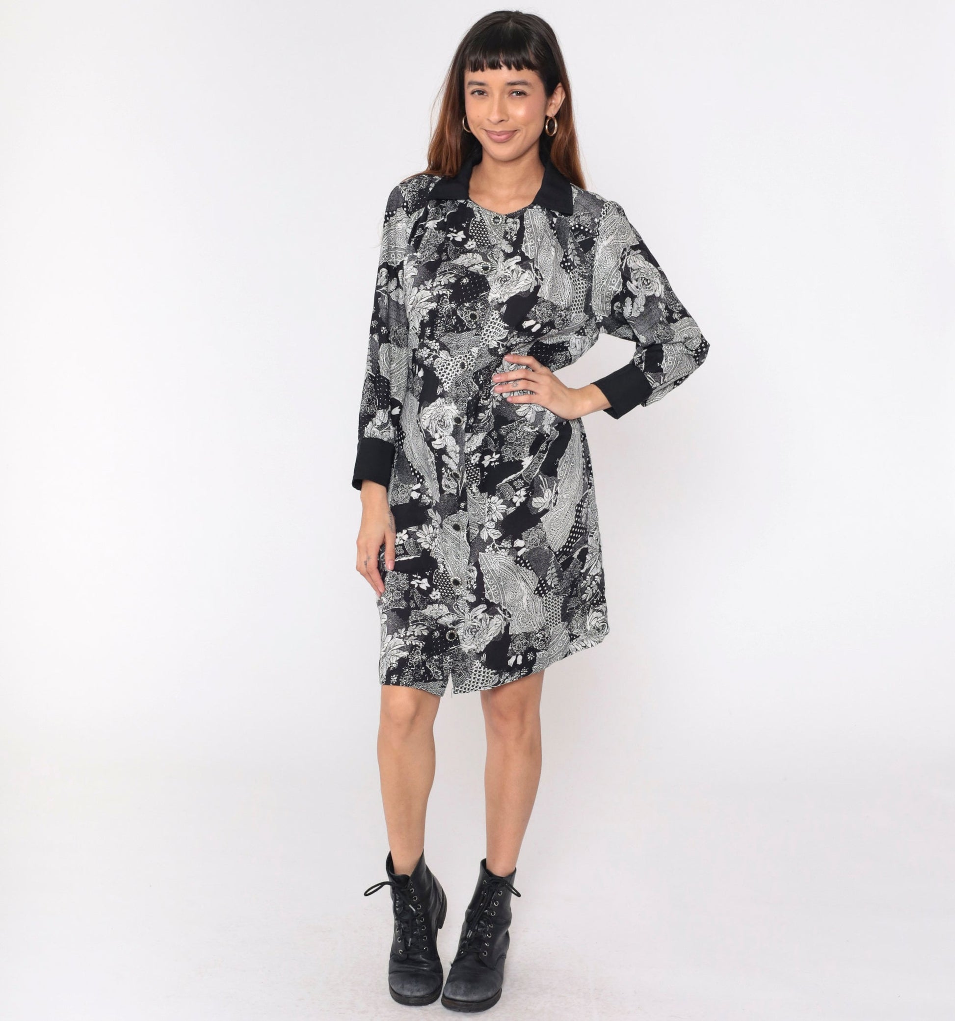 90s Patchwork Paisley Floral Mini Dress Black White Button Up Long Sleeve Medium