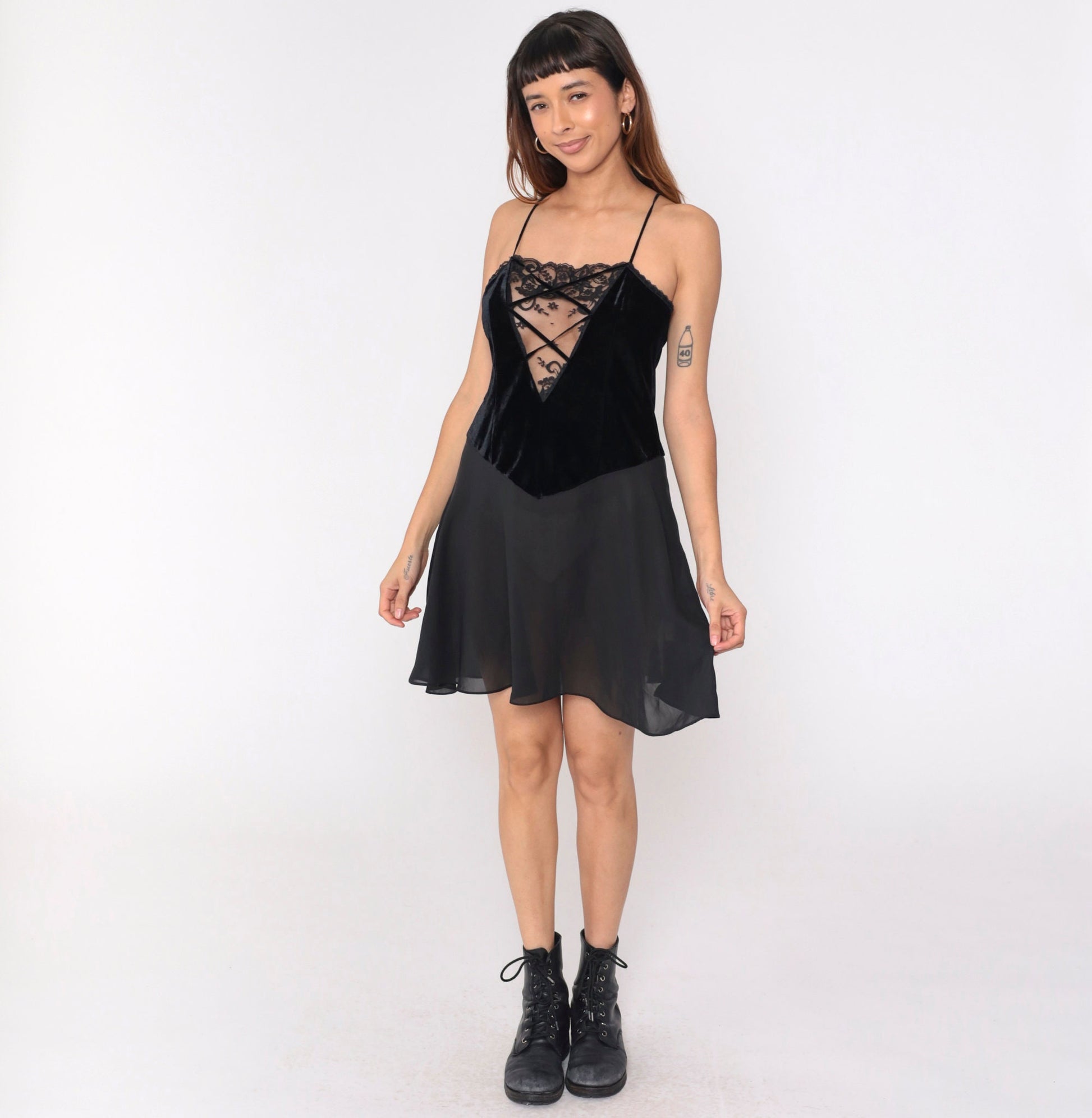 90s Black Chiffon Chemise Lace V-Neck Cage Spaghetti Strap Slip Dress Medium