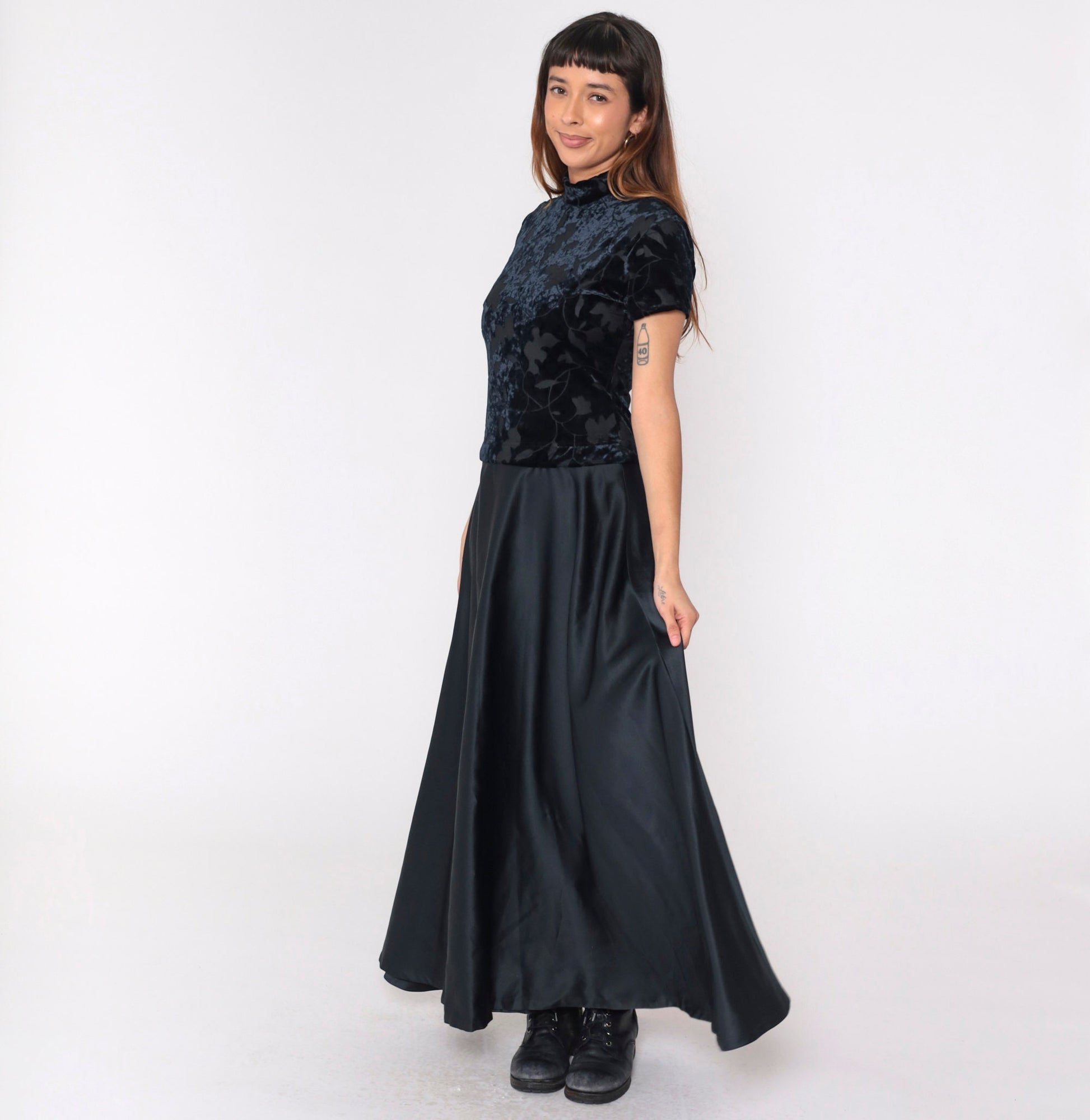 90s Black Velvet Burnout Maxi Dress Leaf Print Mock Neck Drop Waist Small 6