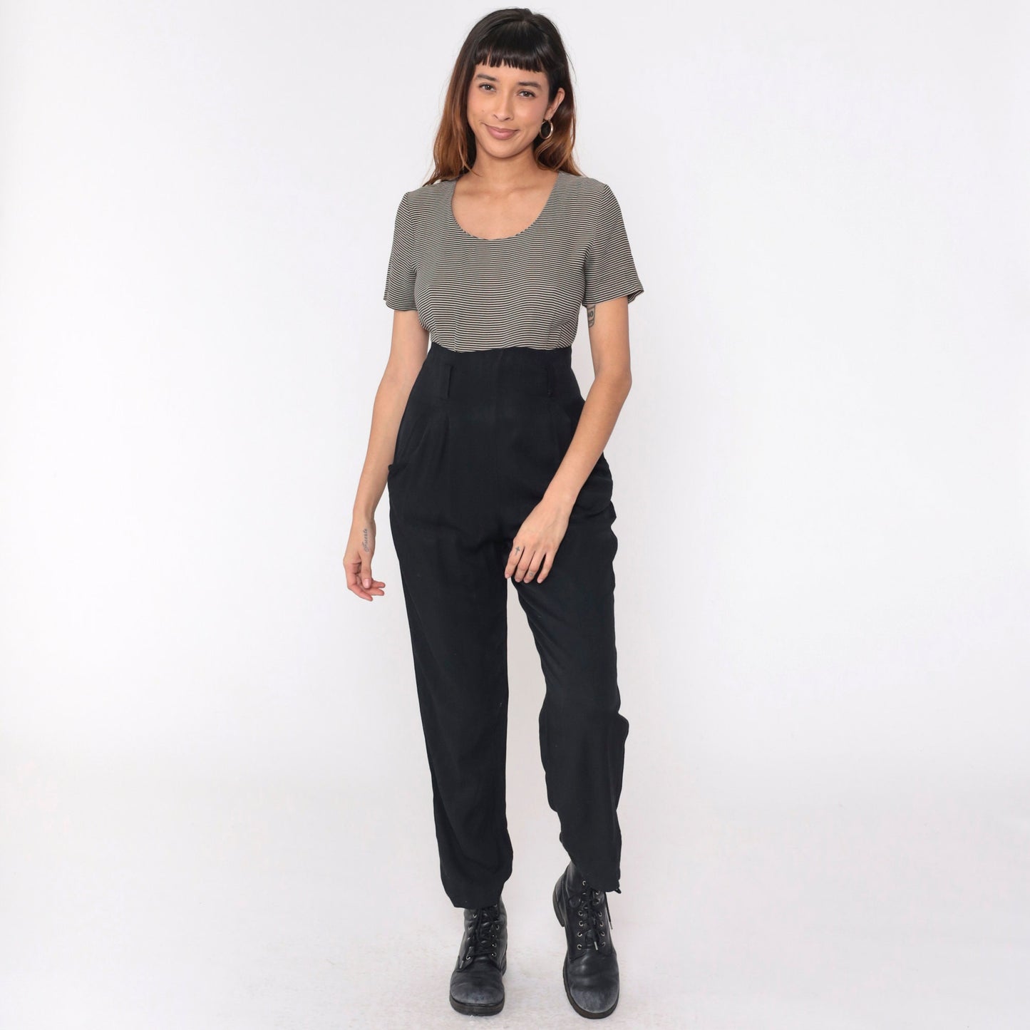 90s Black Pinstripe Jumpsuit Scoop Neck Tapered Pants Pockets Medium 8