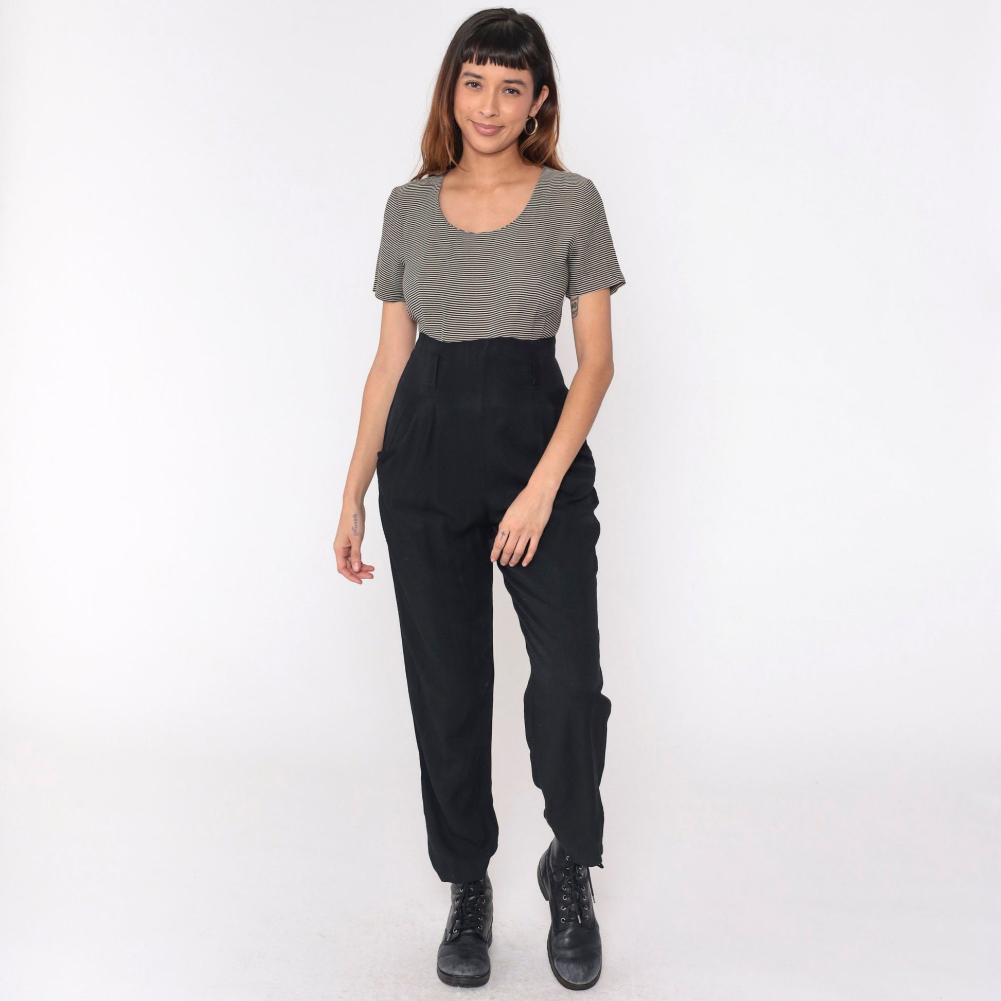 90s Black Pinstripe Jumpsuit Scoop Neck Tapered Pants Pockets Medium 8