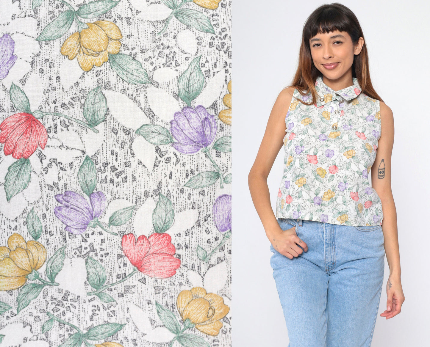 90s White Floral Sleeveless Collared Shirt Button-Up Blouse Small