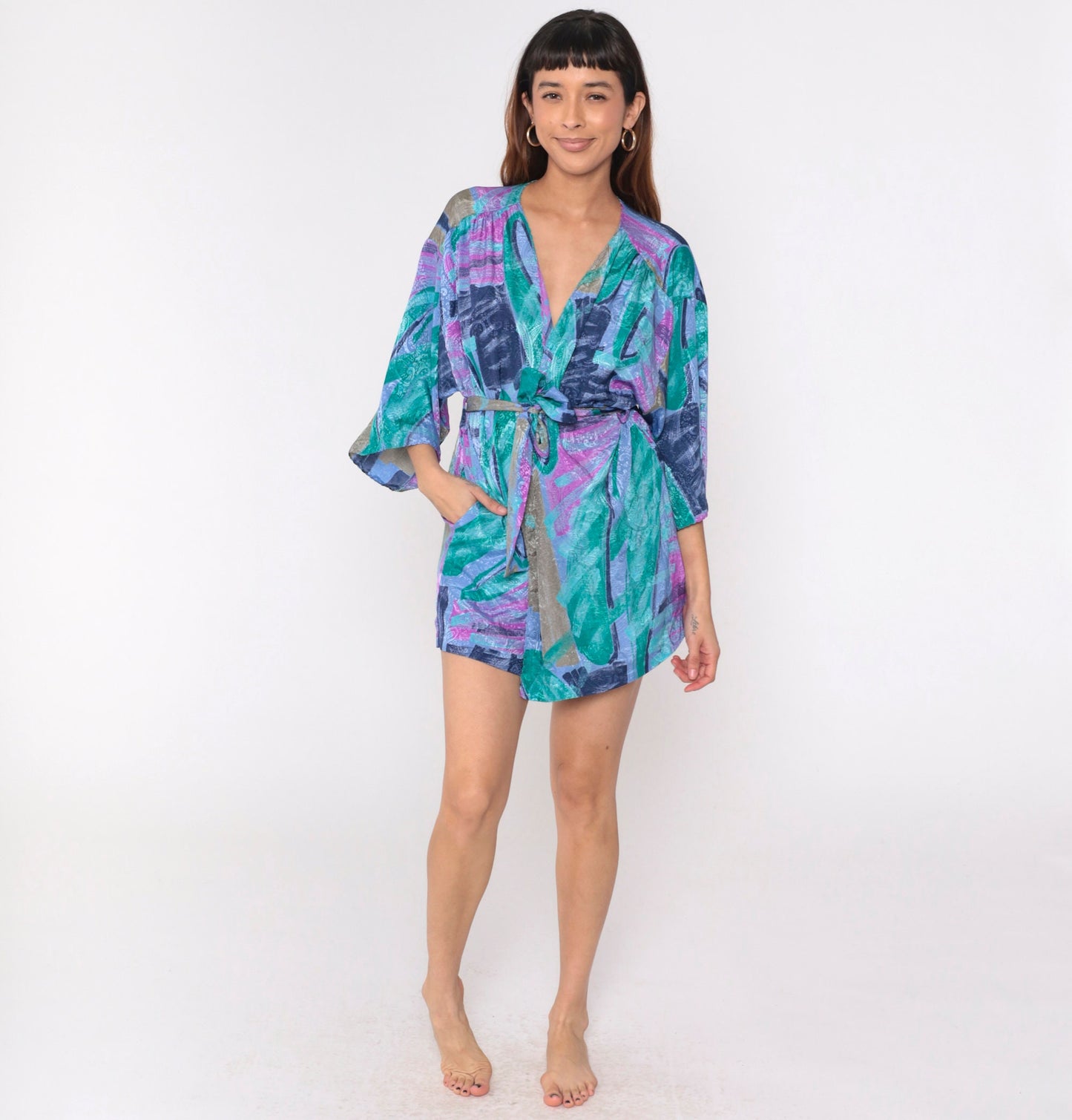 90s Brushstroke Paisley Kimono Robe Mini Purple Blue Small