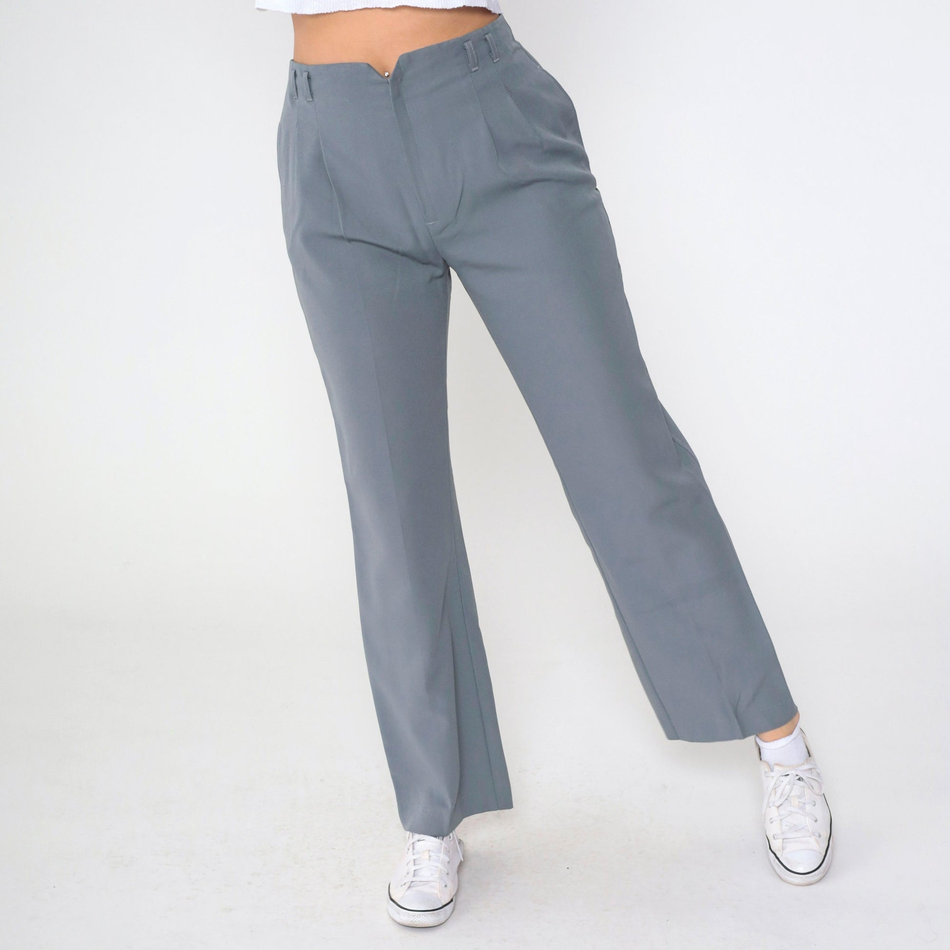 70s Grey Pleated High-Waist Straight Trousers Medium