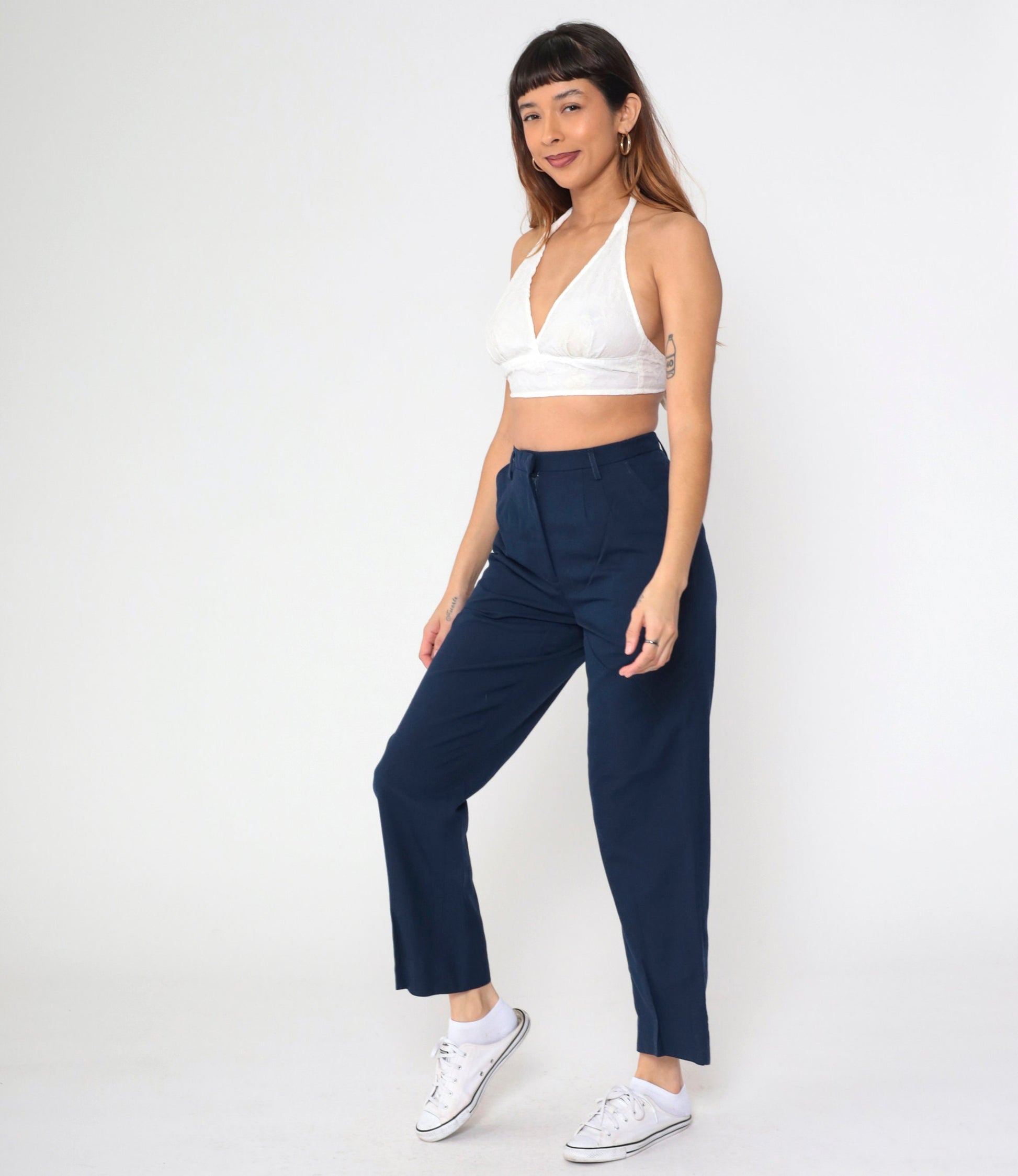 80s Mervyns Navy High-Waisted Straight Leg Trousers Medium