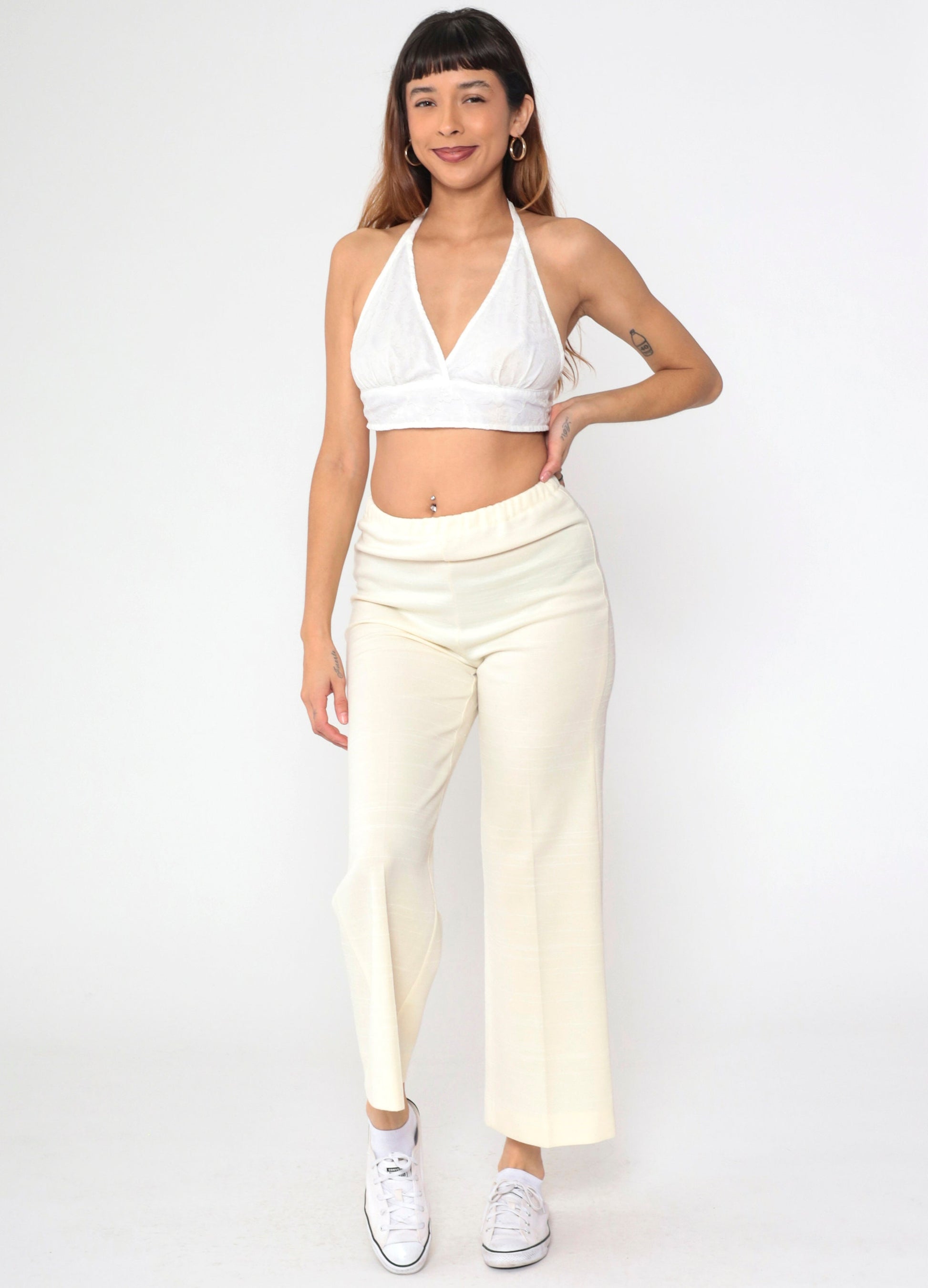 70s Cream Bell Bottom Pants High Waist Flared Leg Elastic Waist Small Medium