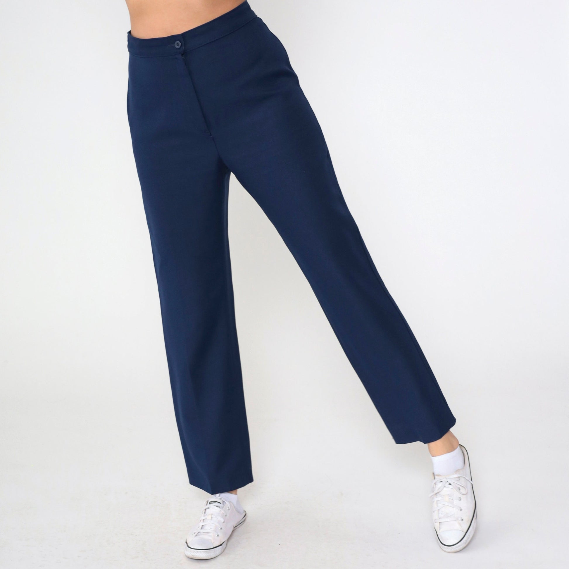 90s Navy Straight Leg High Rise Trousers Wool Blend Small 26