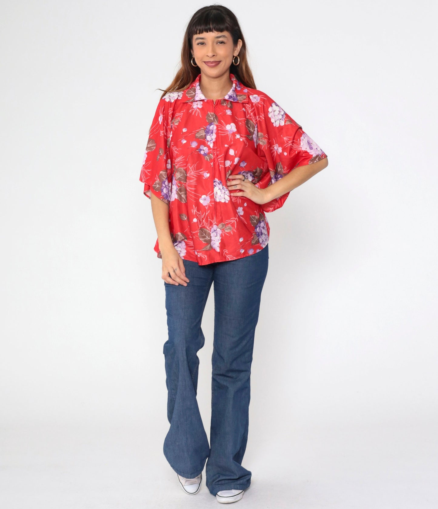 70s Jaylan of California Red Floral Zip Blouse Angel Sleeve Medium Large