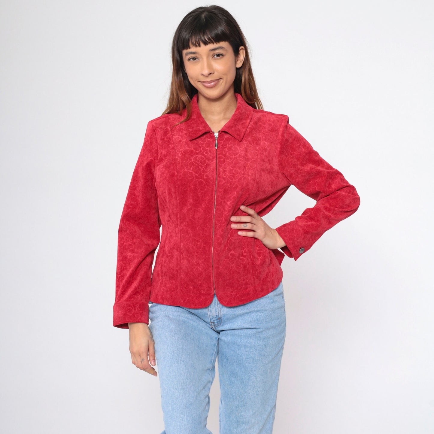 90s Red Corduroy Jacket Baroque Scroll Zip-Up Medium