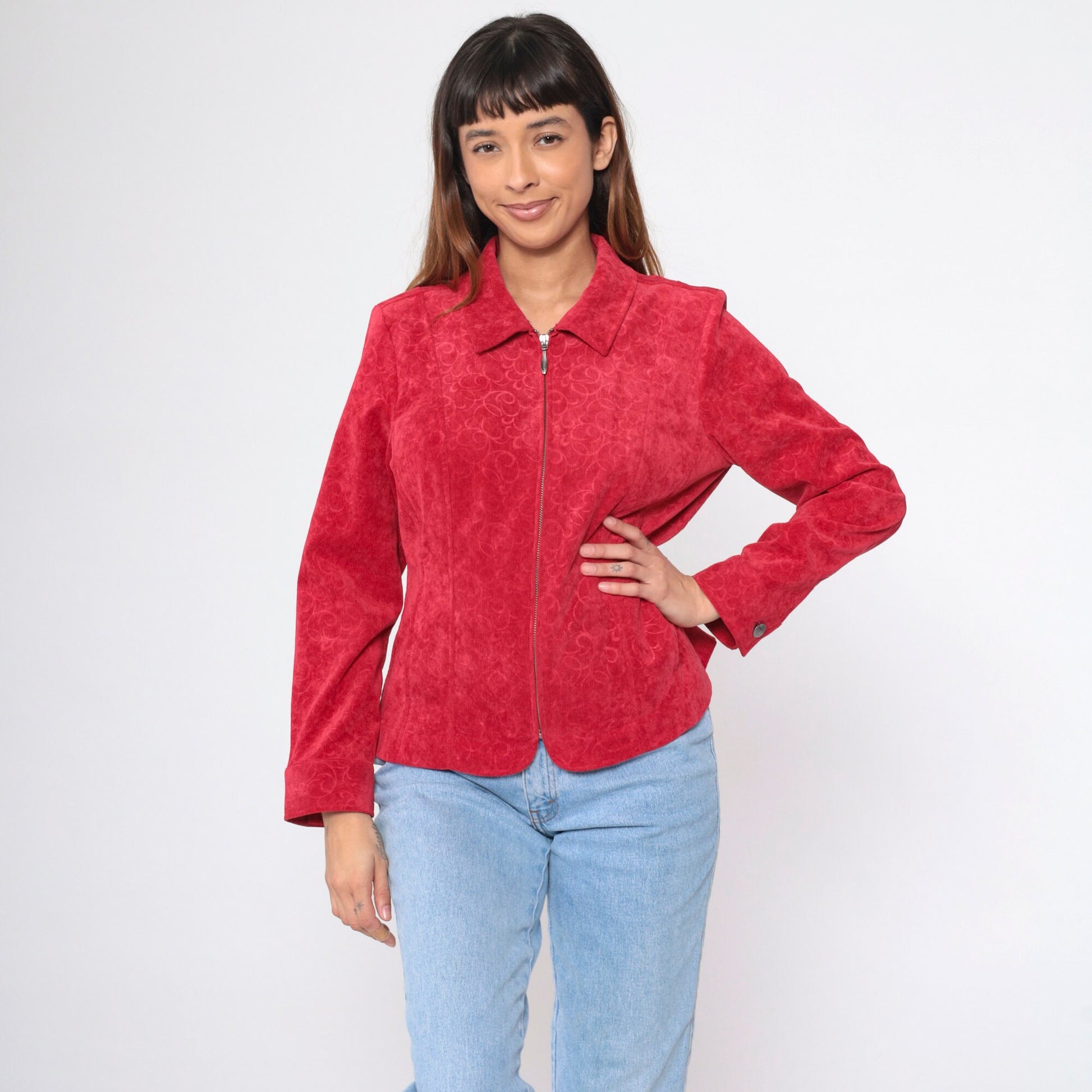 90s Red Corduroy Jacket Baroque Scroll Zip-Up Medium