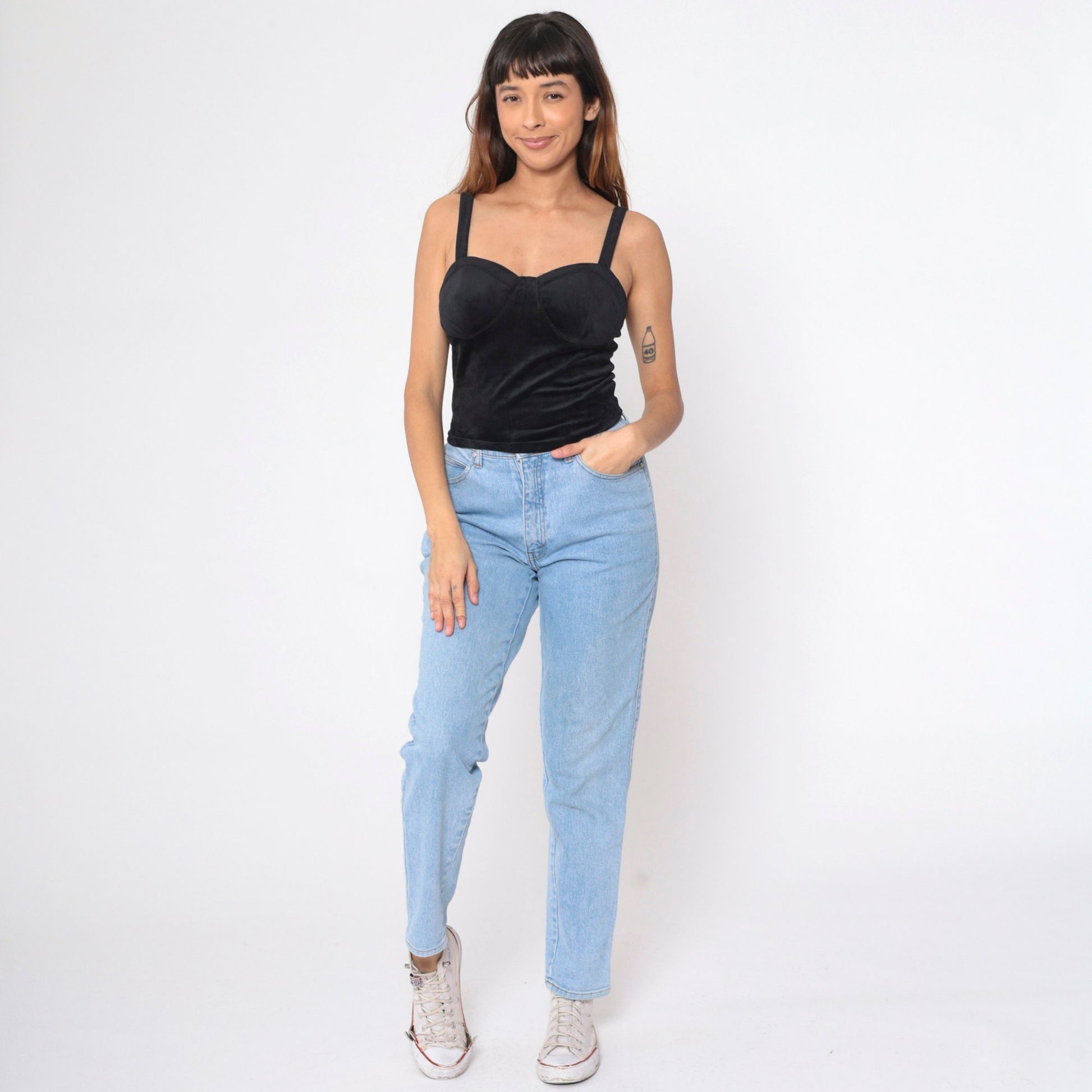 90s Black Velvet Stretch Tank Top Bustier Sleeveless Blouse Extra Small
