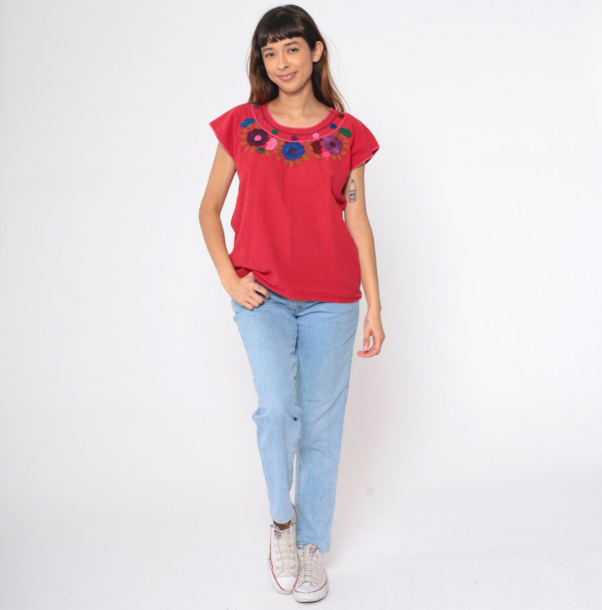 90s Mexican Embroidered Floral Blouse Red Short Sleeve Medium