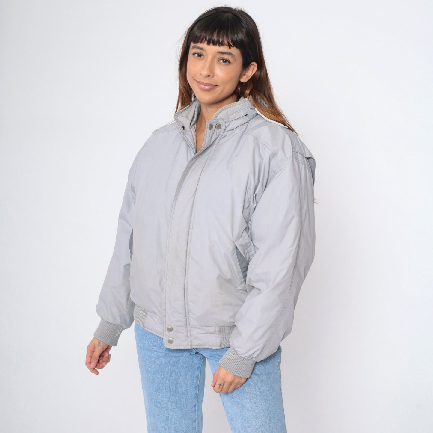 Members Only Down Jacket 80s Grey Hooded Ski Puffer Coat Medium