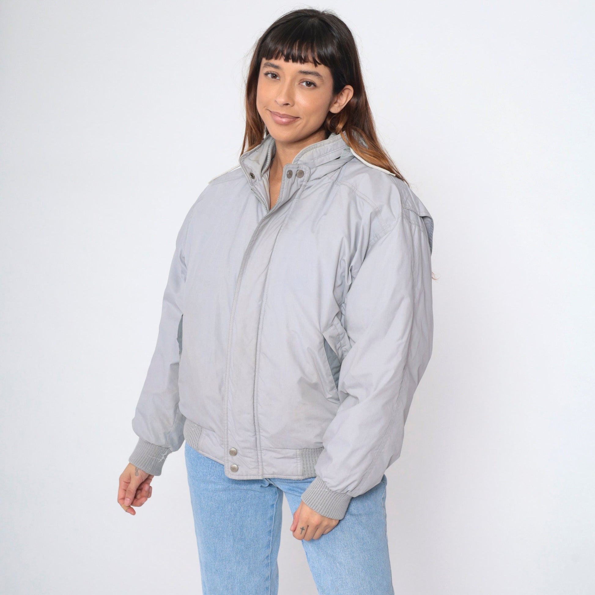 Members Only Down Jacket 80s Grey Hooded Ski Puffer Coat Medium
