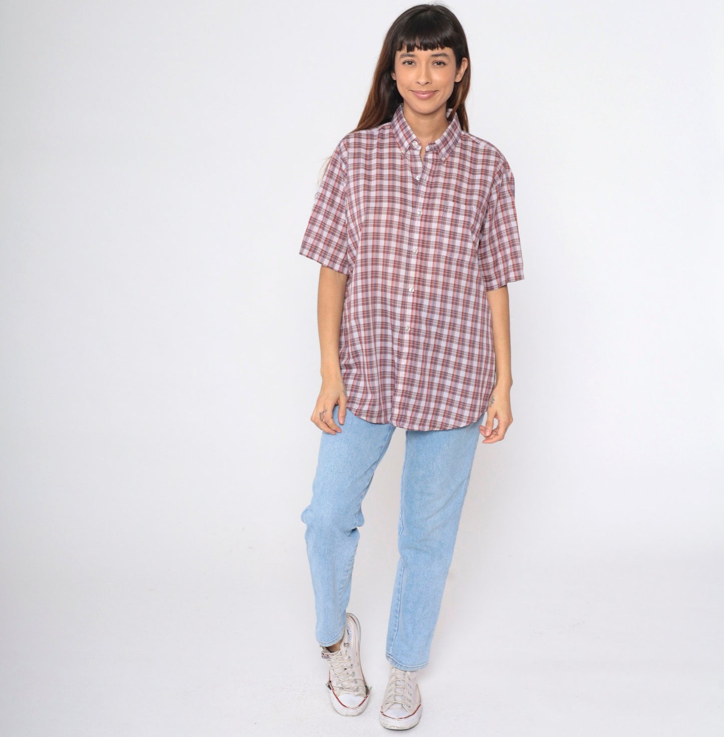 80s Grand Banks Plaid Button-Up Shirt Red White Brown Tartan Short Sleeve Large