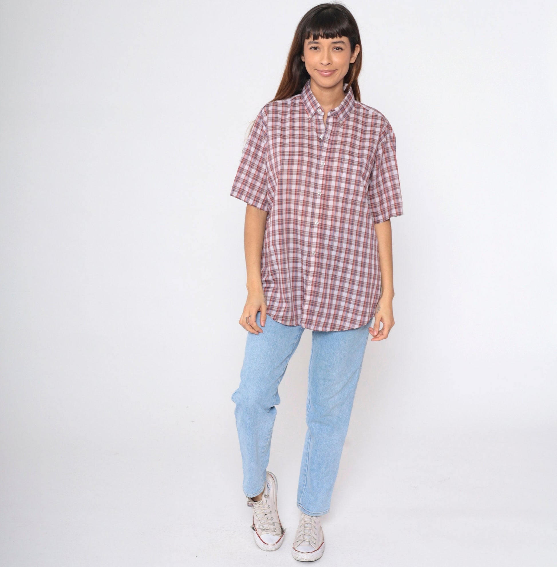 80s Grand Banks Plaid Button-Up Shirt Red White Brown Tartan Short Sleeve Large