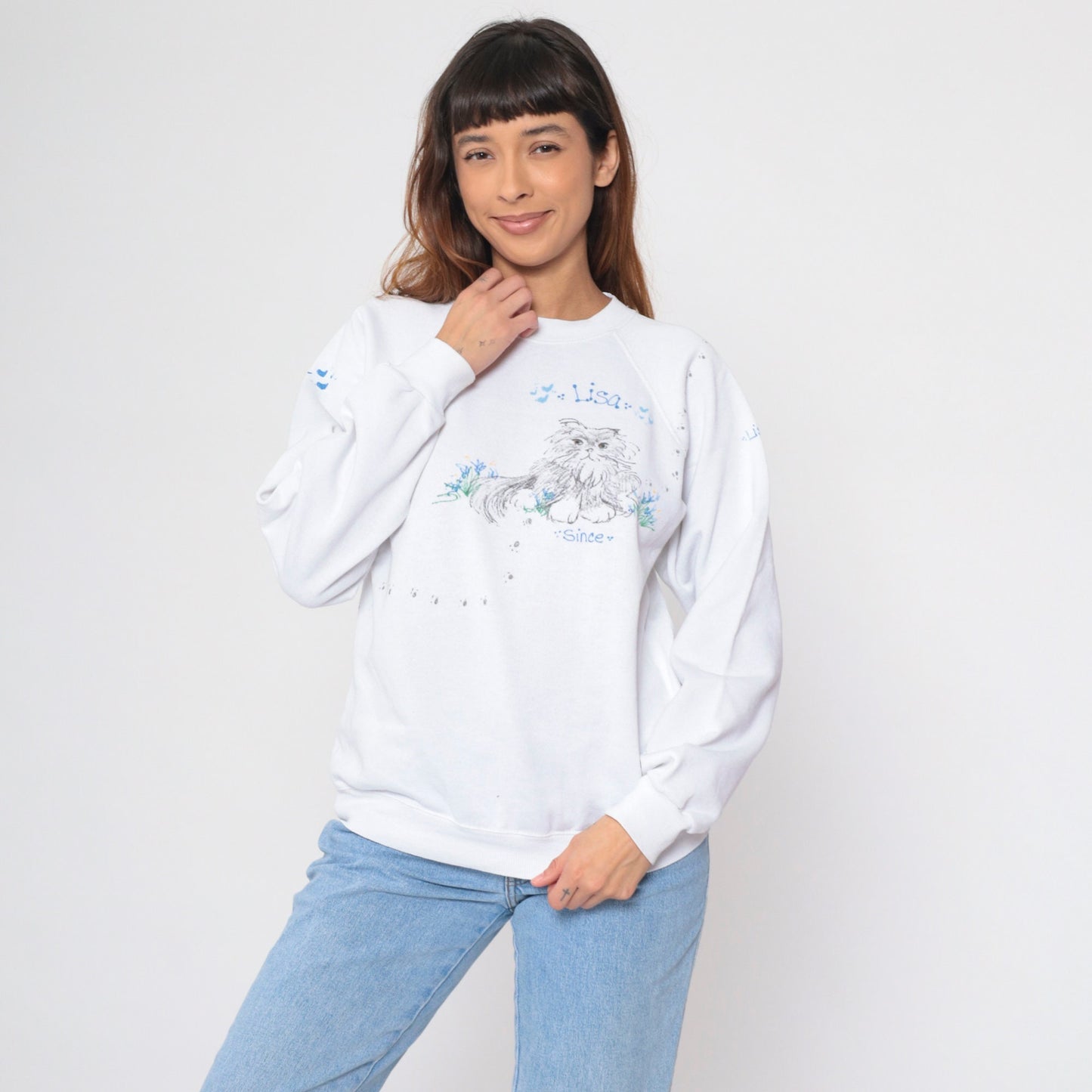 90s Hand Painted Cat Lisa Sweatshirt White Hanes Raglan Medium