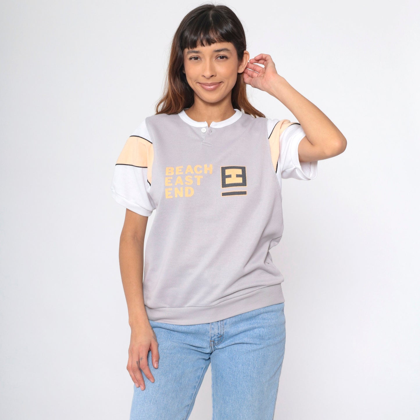 90s Beach East End Graphic Henley Shirt Grey Peach Striped Medium