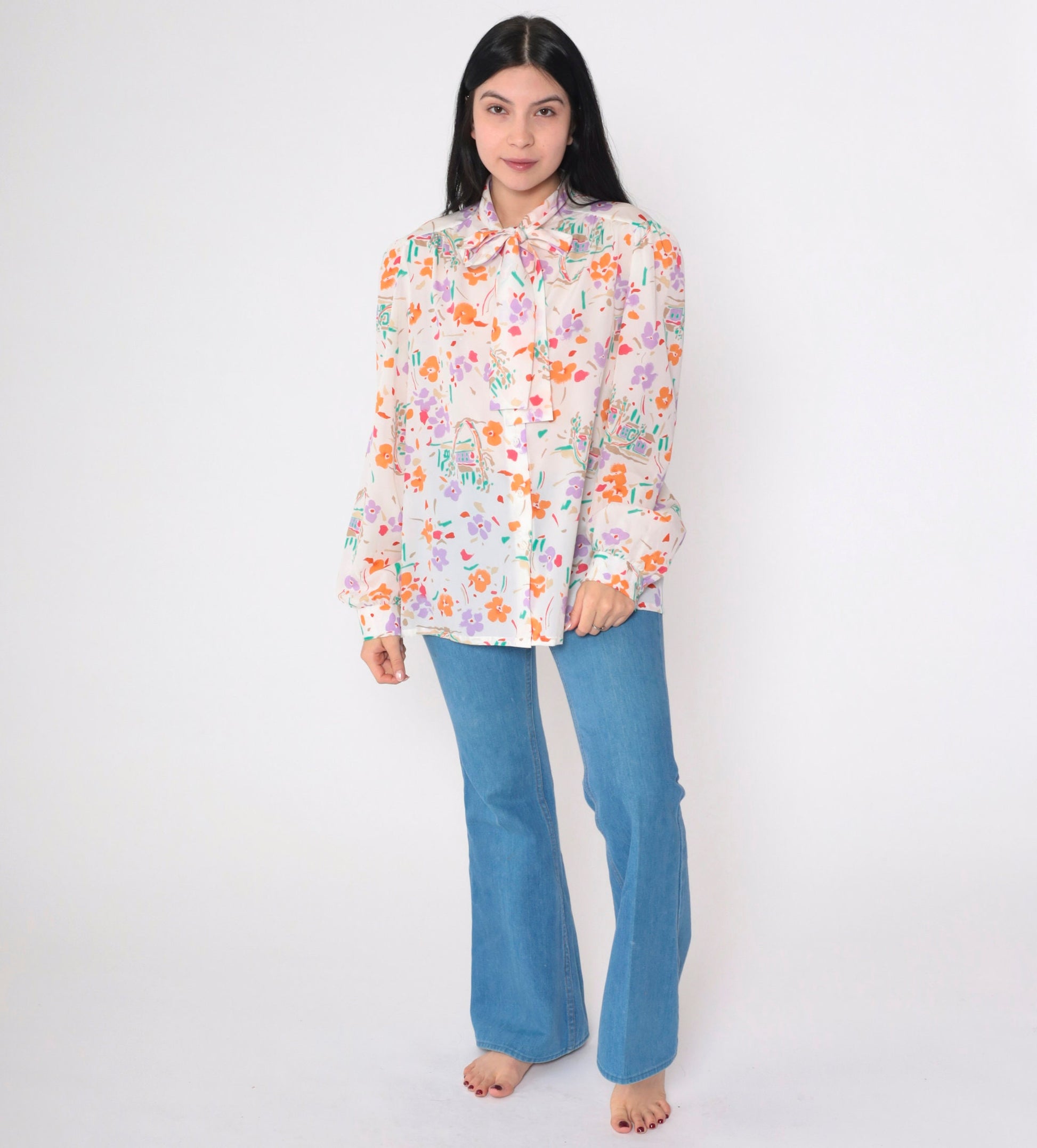 70s Floral Ascot Blouse Off-White Watercolor Print Puff Sleeve Button Up Medium Large
