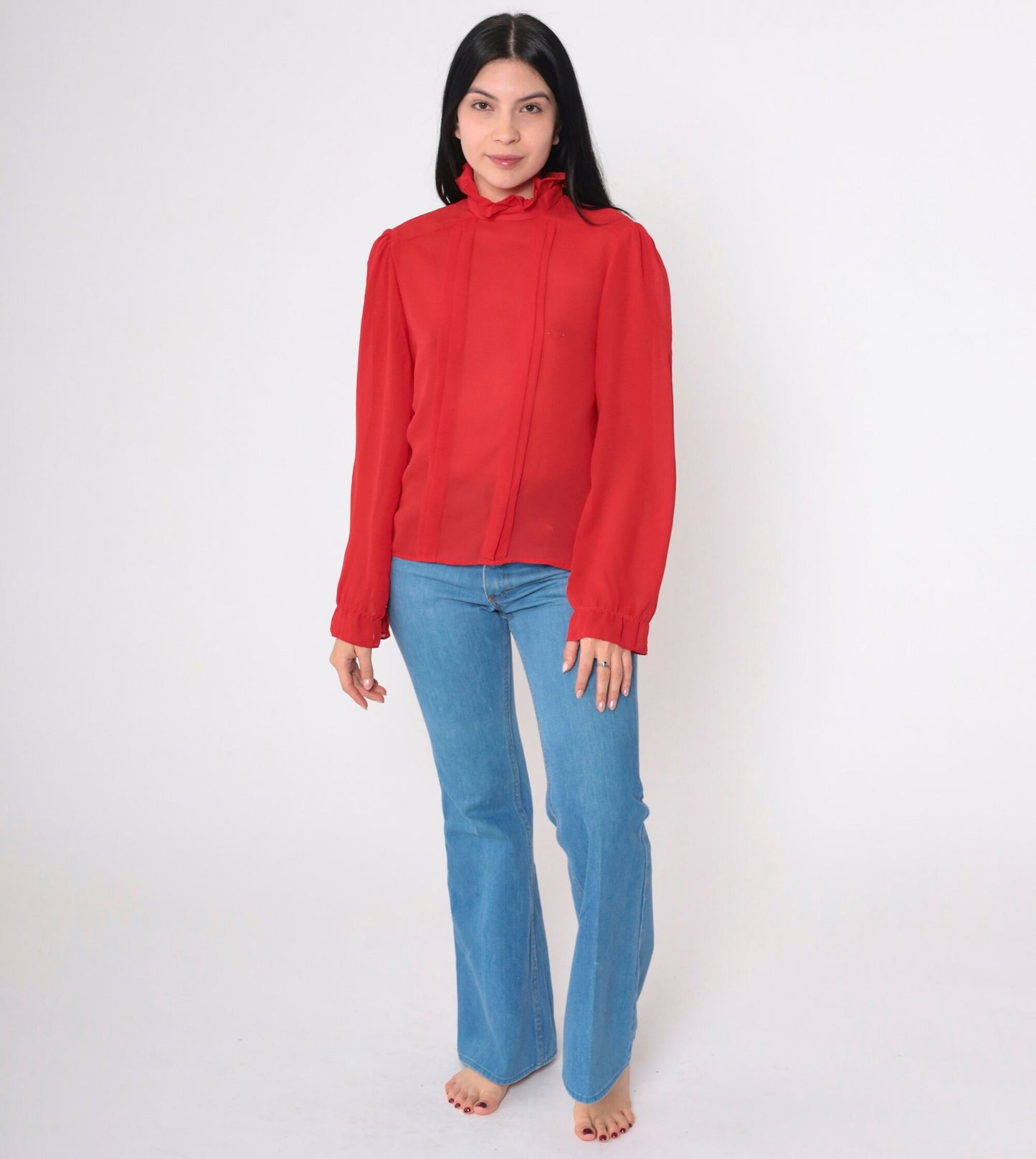 80s Red Puff Sleeve Blouse High Ruffled Neck Pleated Semi-Sheer Medium