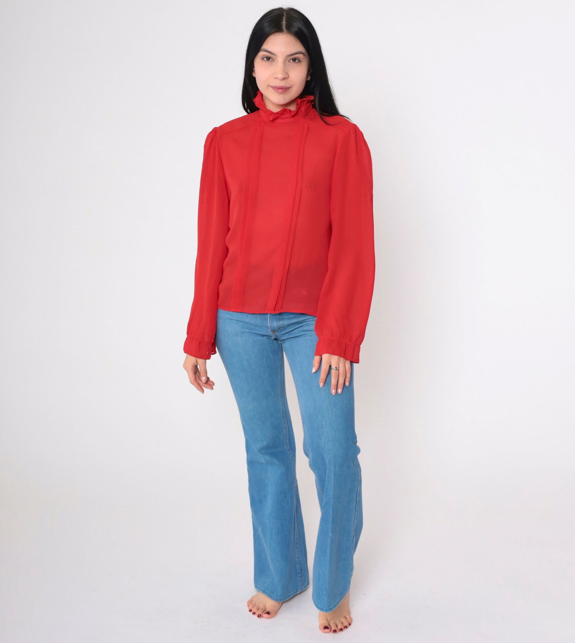 80s Red Puff Sleeve Blouse High Ruffled Neck Pleated Semi-Sheer Medium