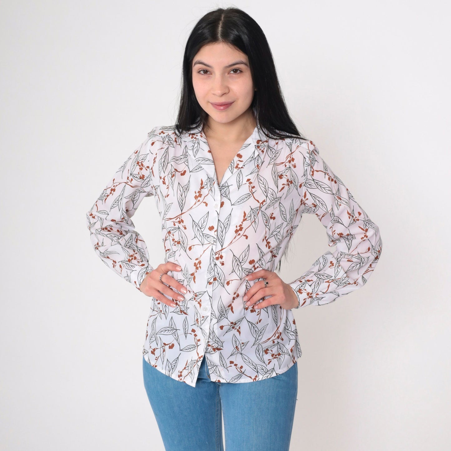 80s Tanjay Leaf Floral Print Button-Up Blouse White Long Sleeve Medium