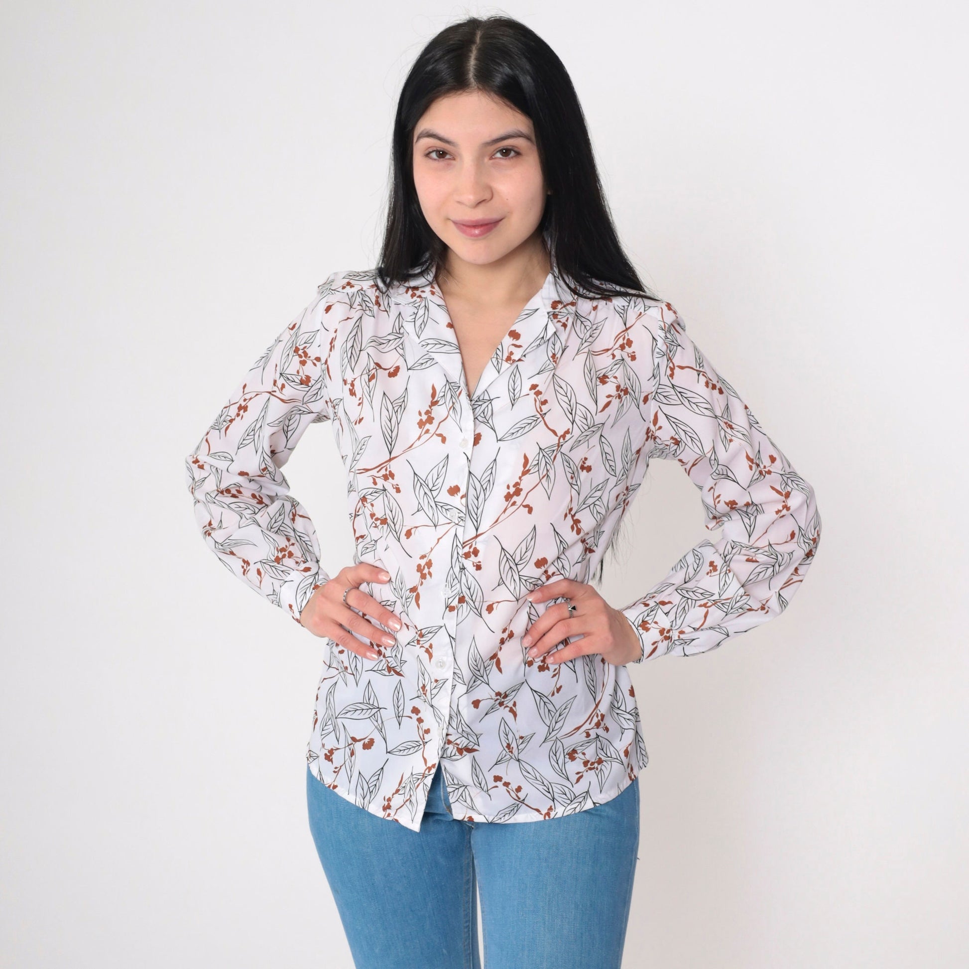 80s Tanjay Leaf Floral Print Button-Up Blouse White Long Sleeve Medium