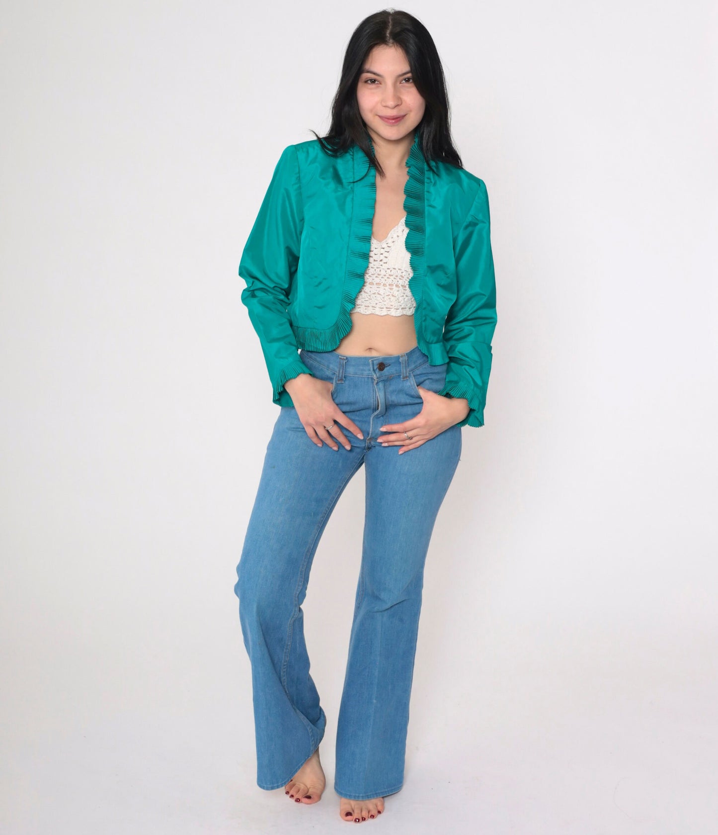 70s Miss Elliette Teal Cropped Jacket Open Front Knife Pleat Small