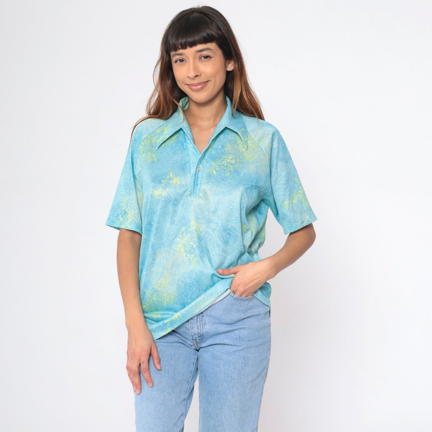 70s Lilly Dasche Blue Dandelion Floral Button-Up Shirt Raglan Large L