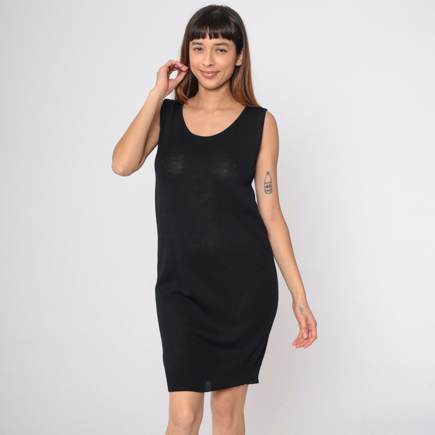 90s Donna Karan Black Knit Mini Dress Semi-Sheer Sleeveless Shift Medium