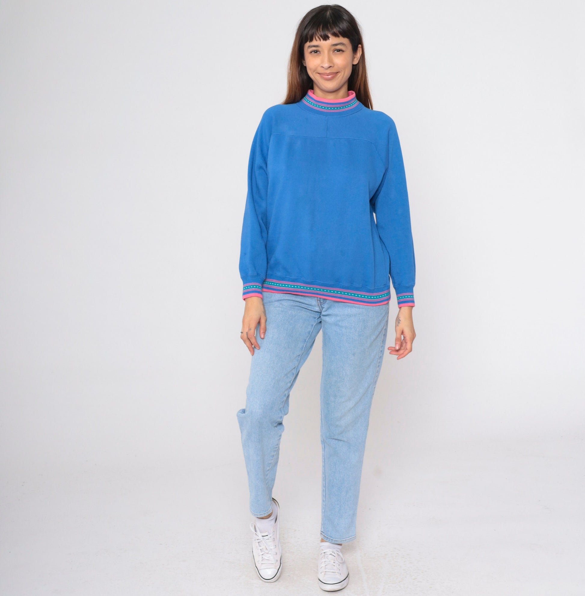 90s Blue Mock Neck Sweatshirt Pink Ringer Trim Small