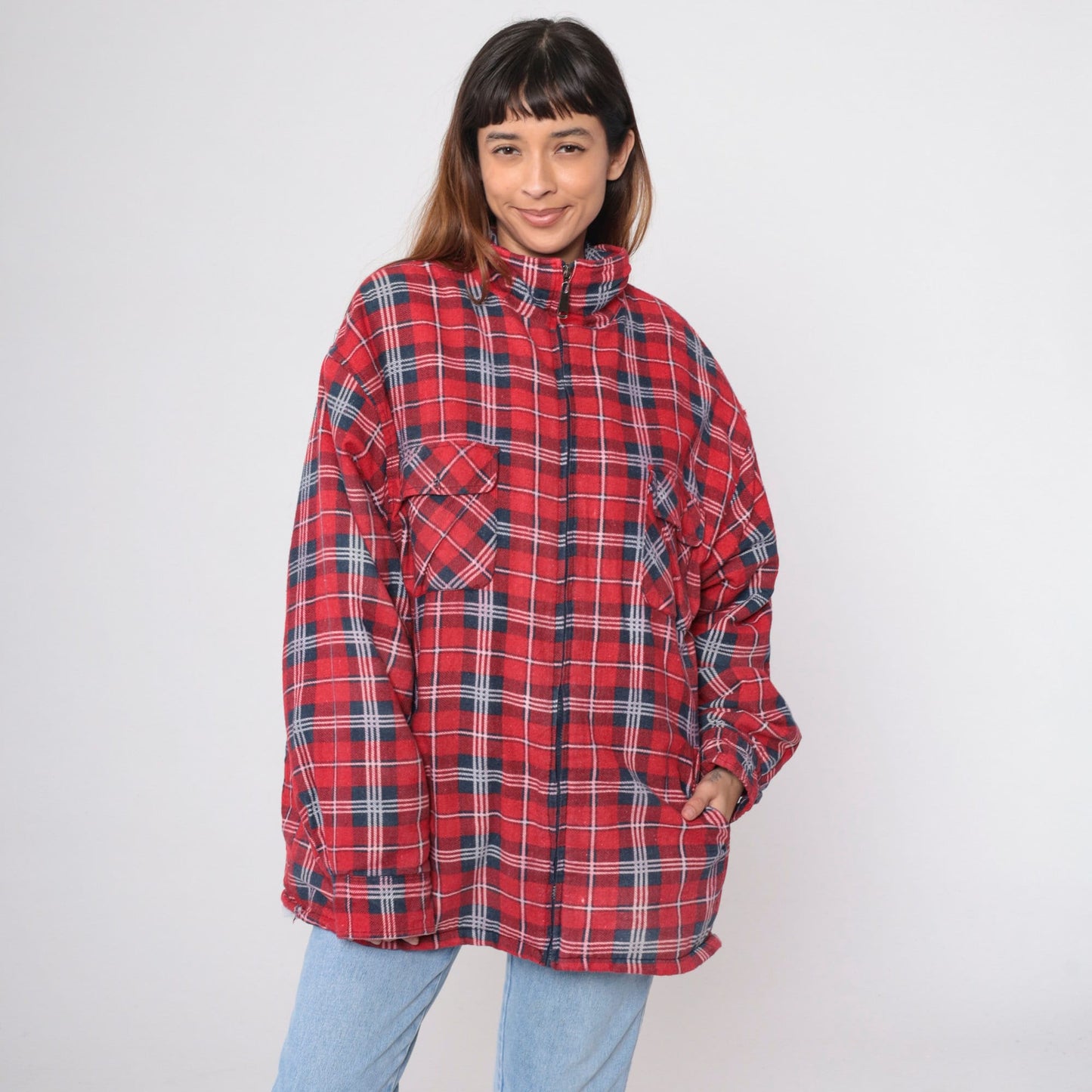 90s Red Plaid Zip Jacket Sherpa Lined Flannel Shacket Extra Large XL