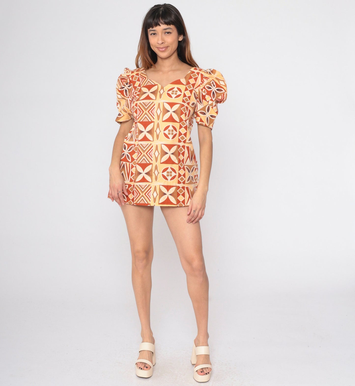 70s Geometric Puff Sleeve Blouse Burnt Orange Yellow Sweetheart Neckline Small