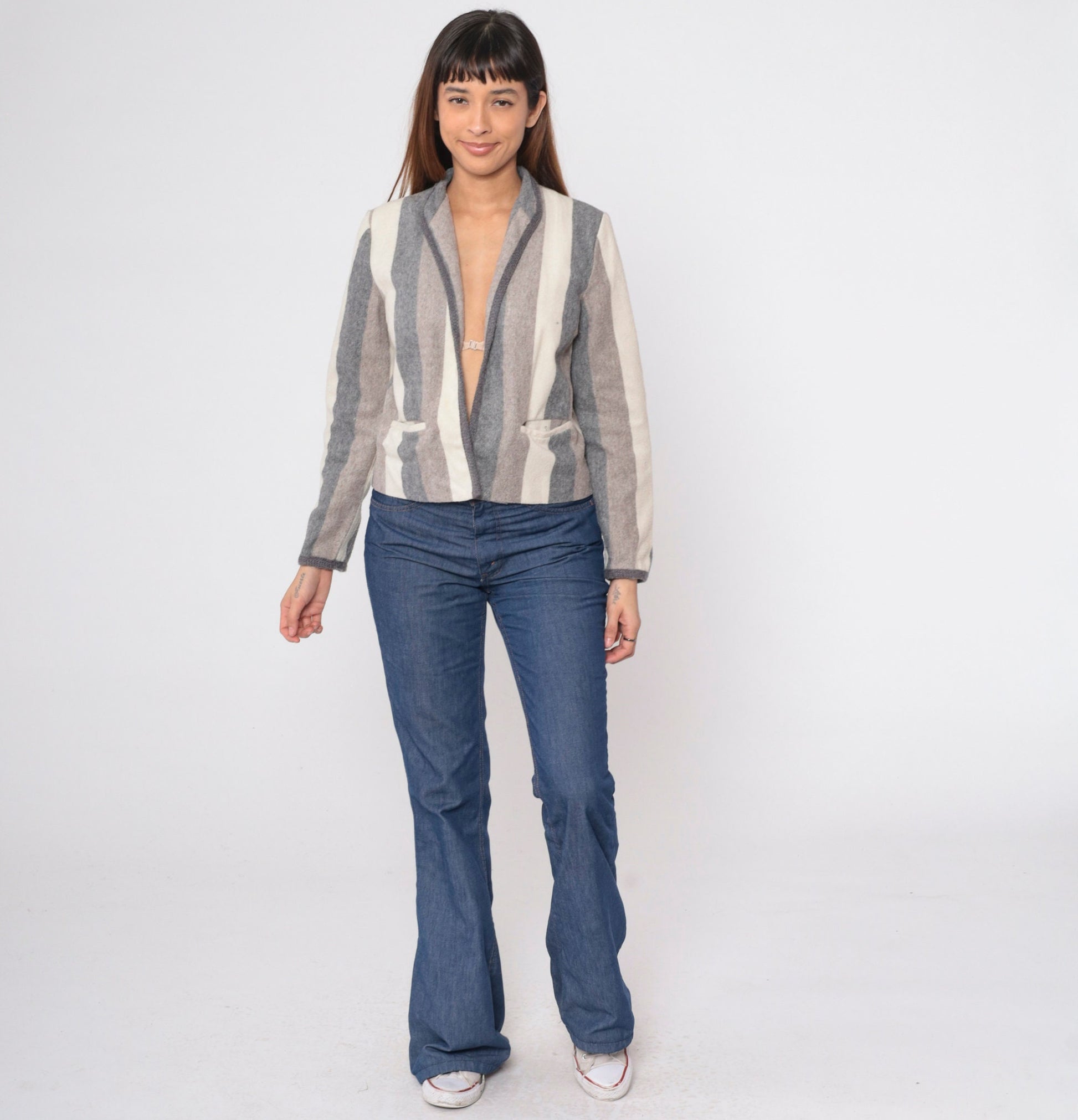 80s Striped Wool Blend Blazer Open Front Jacket Grey Brown Cream Small Medium