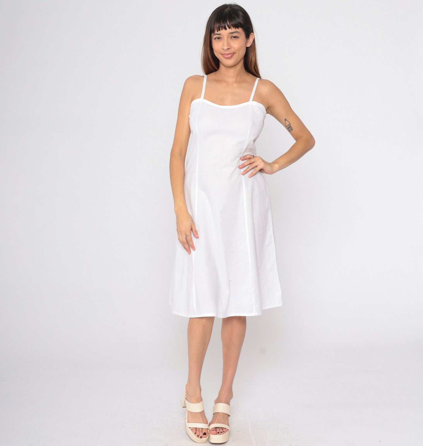 80s White Spaghetti Strap Midi Sundress Princess Seam Small