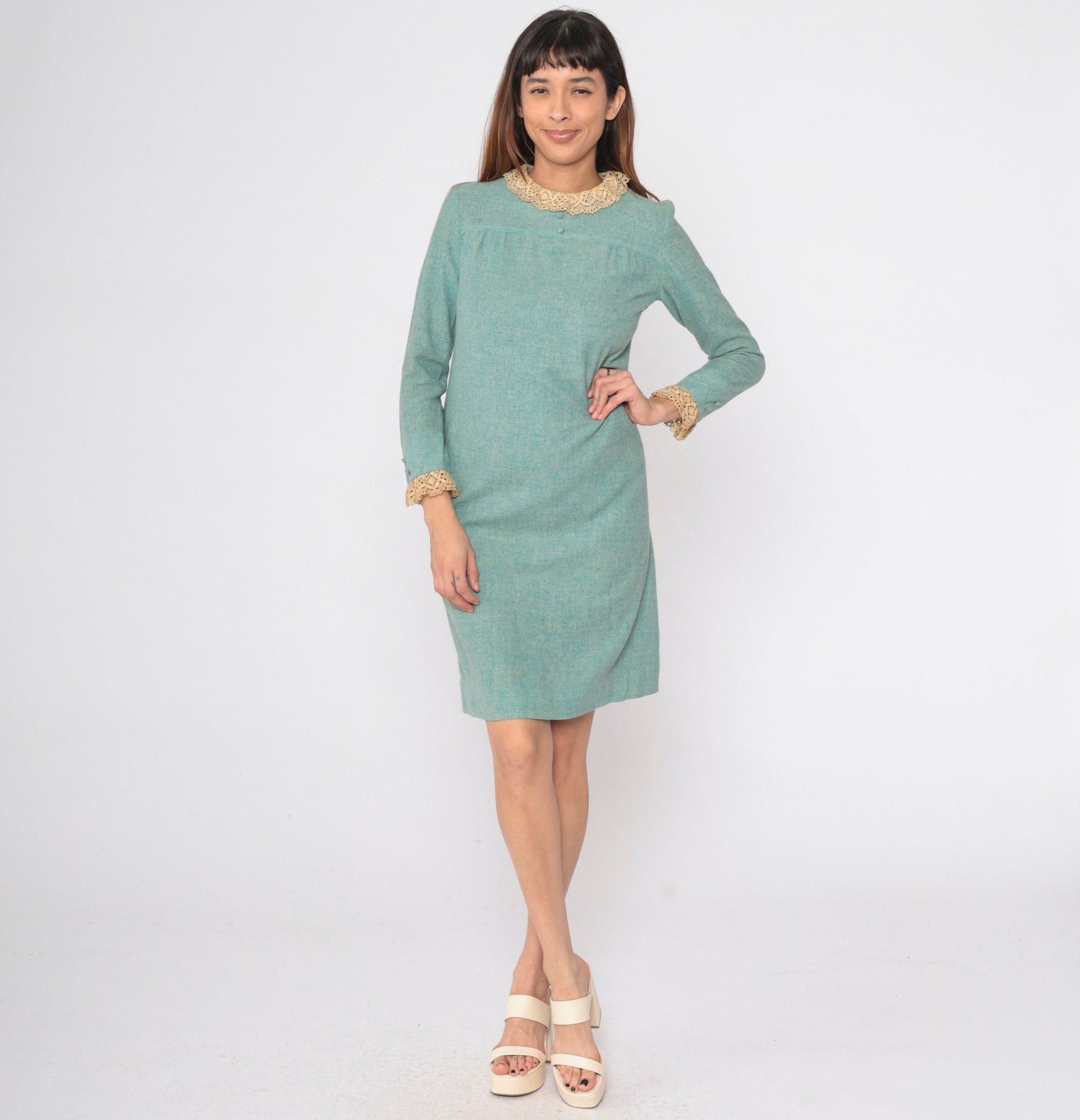 60s Mod Shift Dress Seafoam Wool Blend Lace Collar Long Sleeve Small