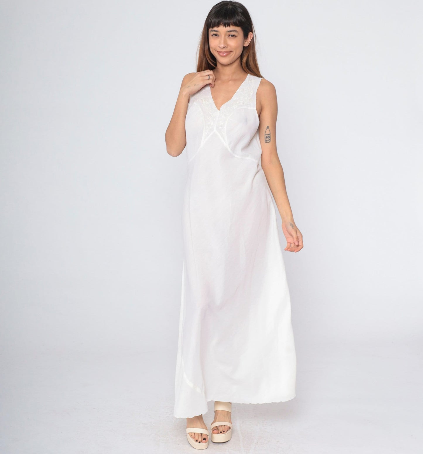70s Lily White Floral Embroidered Cutout Slip Dress Maxi Nightgown Medium