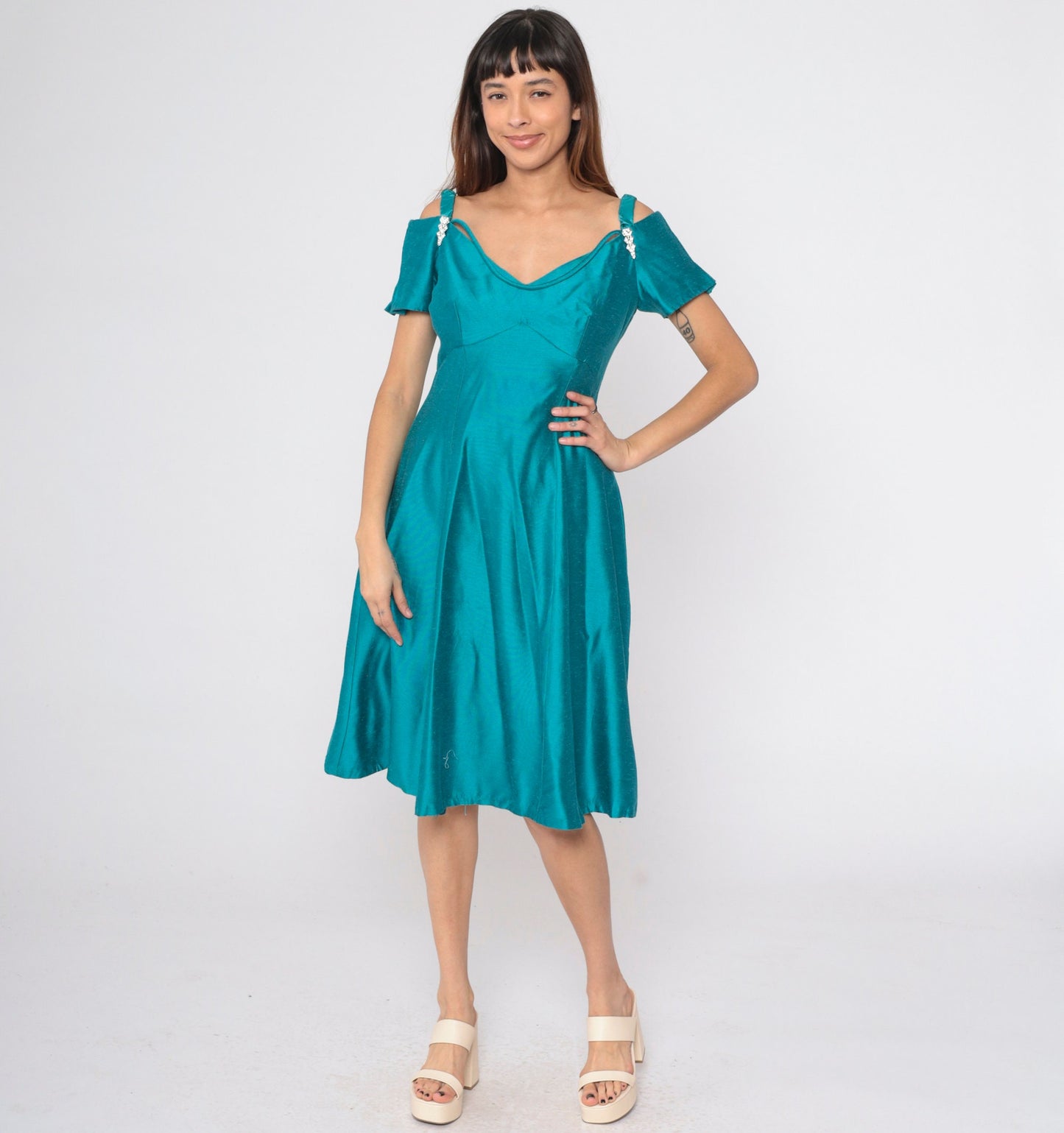 80s Teal Off-Shoulder Midi Dress Rhinestone A-Line Empire Waist Small