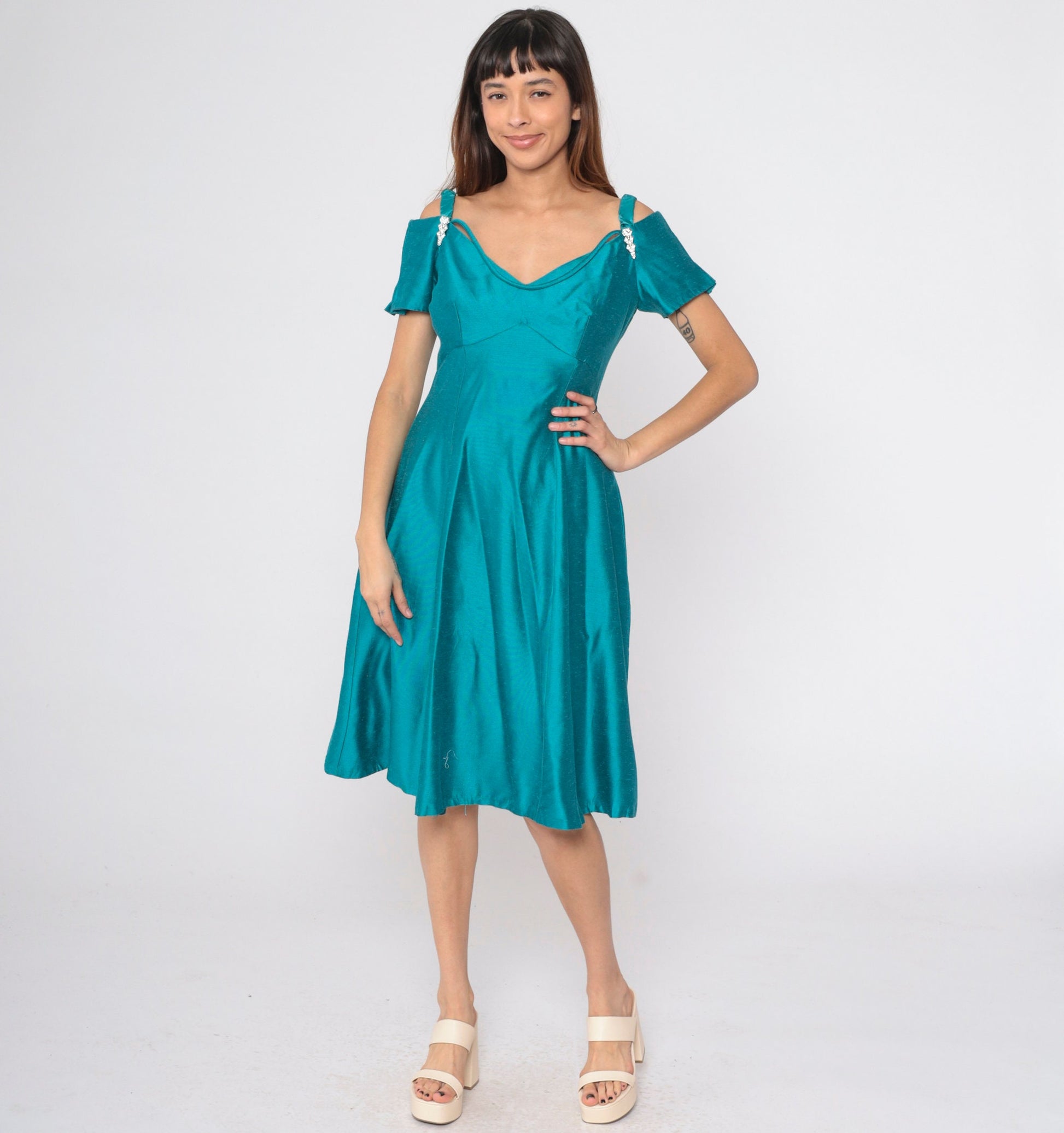 80s Teal Off-Shoulder Midi Dress Rhinestone A-Line Empire Waist Small