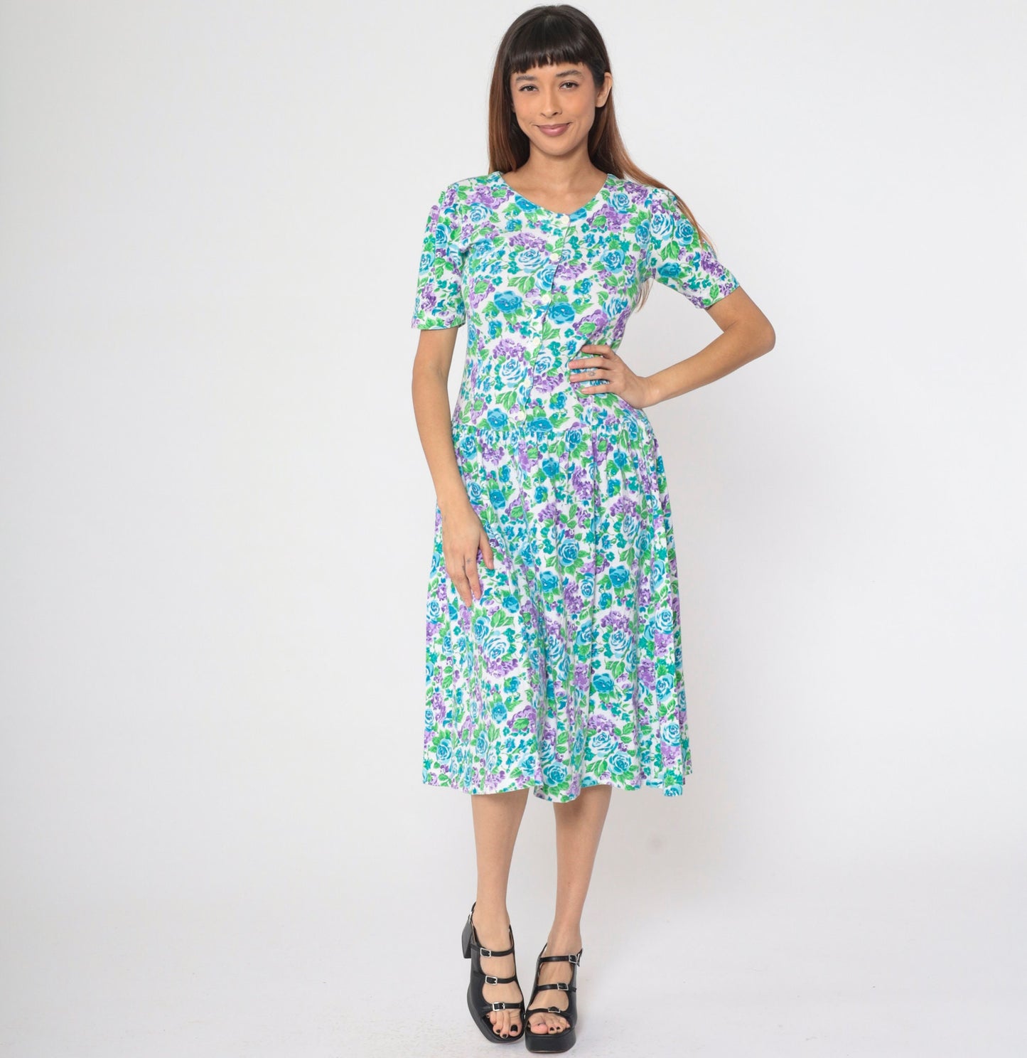80s Floral Midi Dress Nordstrom Point of View Puff Sleeve Drop Waist Cotton Small