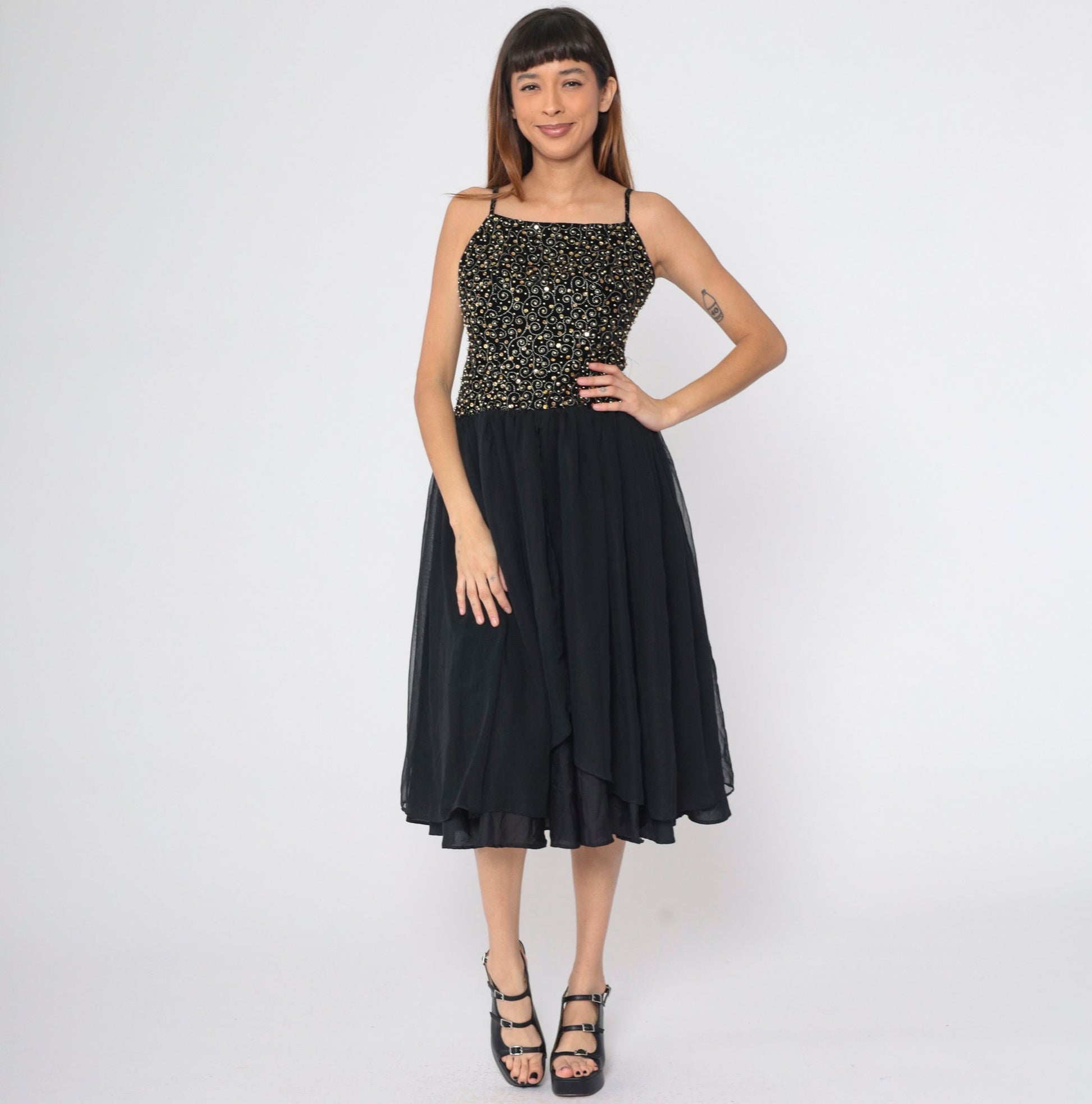80s Black Velvet Beaded Chiffon Midi Dress Gold Sequins Spaghetti Strap Small