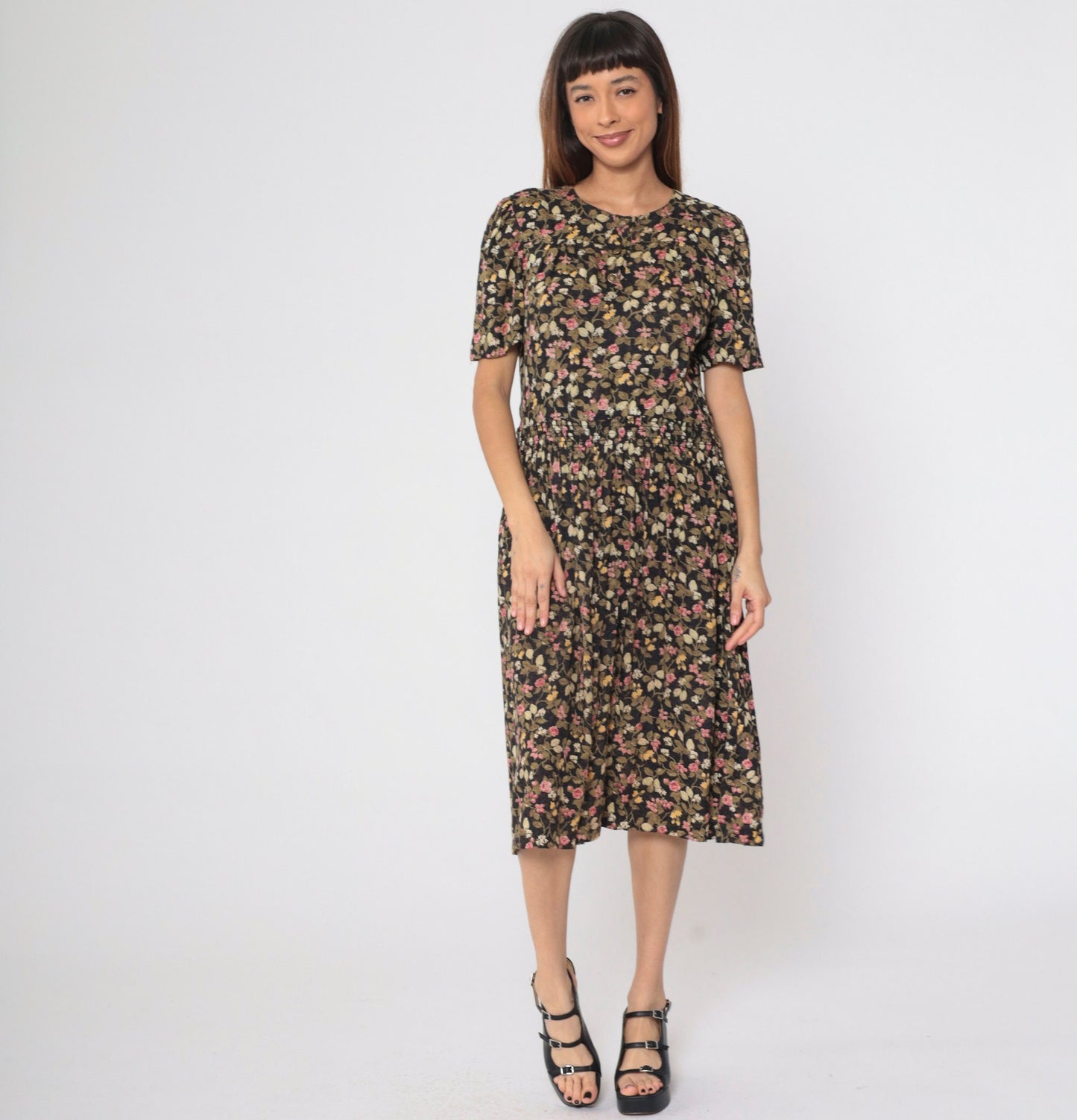 80s Floral Button-Up Midi Dress Black Olive Pink Puff Sleeve Smocked Small