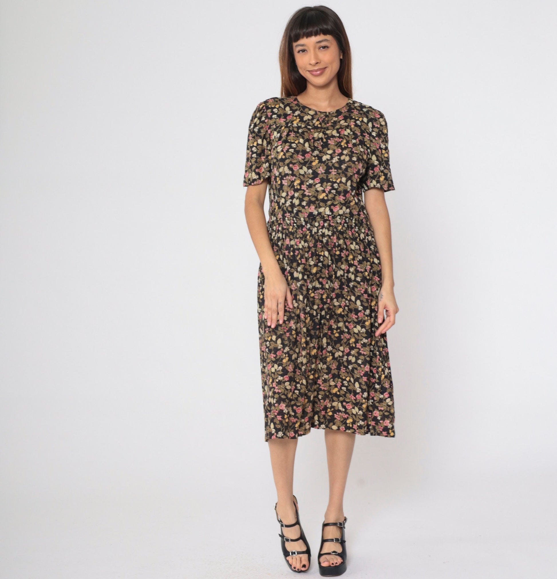 80s Floral Button-Up Midi Dress Black Olive Pink Puff Sleeve Smocked Small