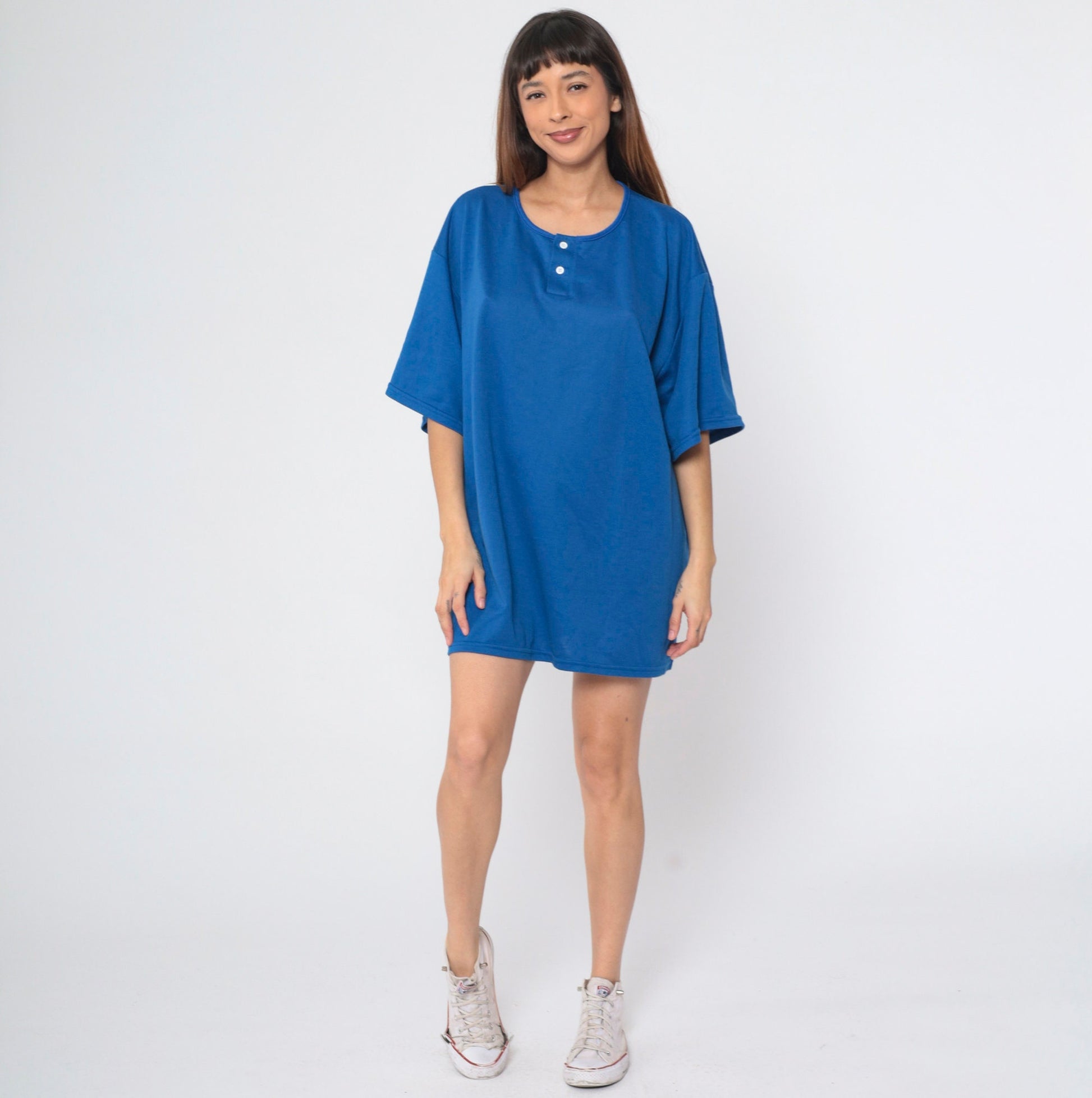 90s Royal Blue Henley T-Shirt Plus Size XXL Vintage Button Neck Tee