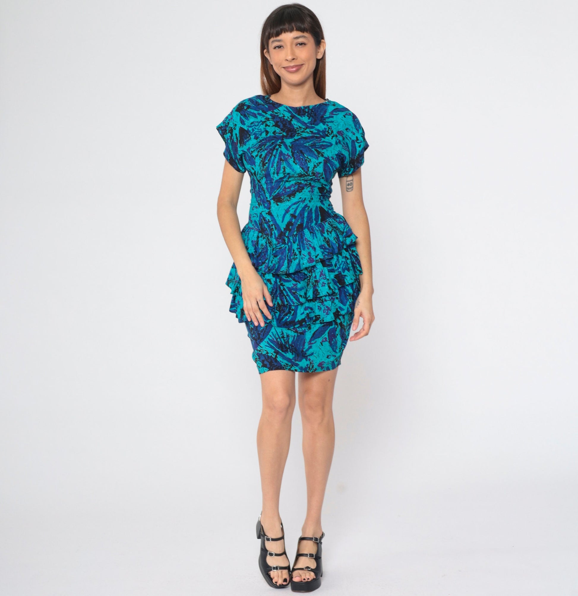 80s Turquoise Abstract Floral Peplum Mini Dress Dolman Sleeve Extra Small