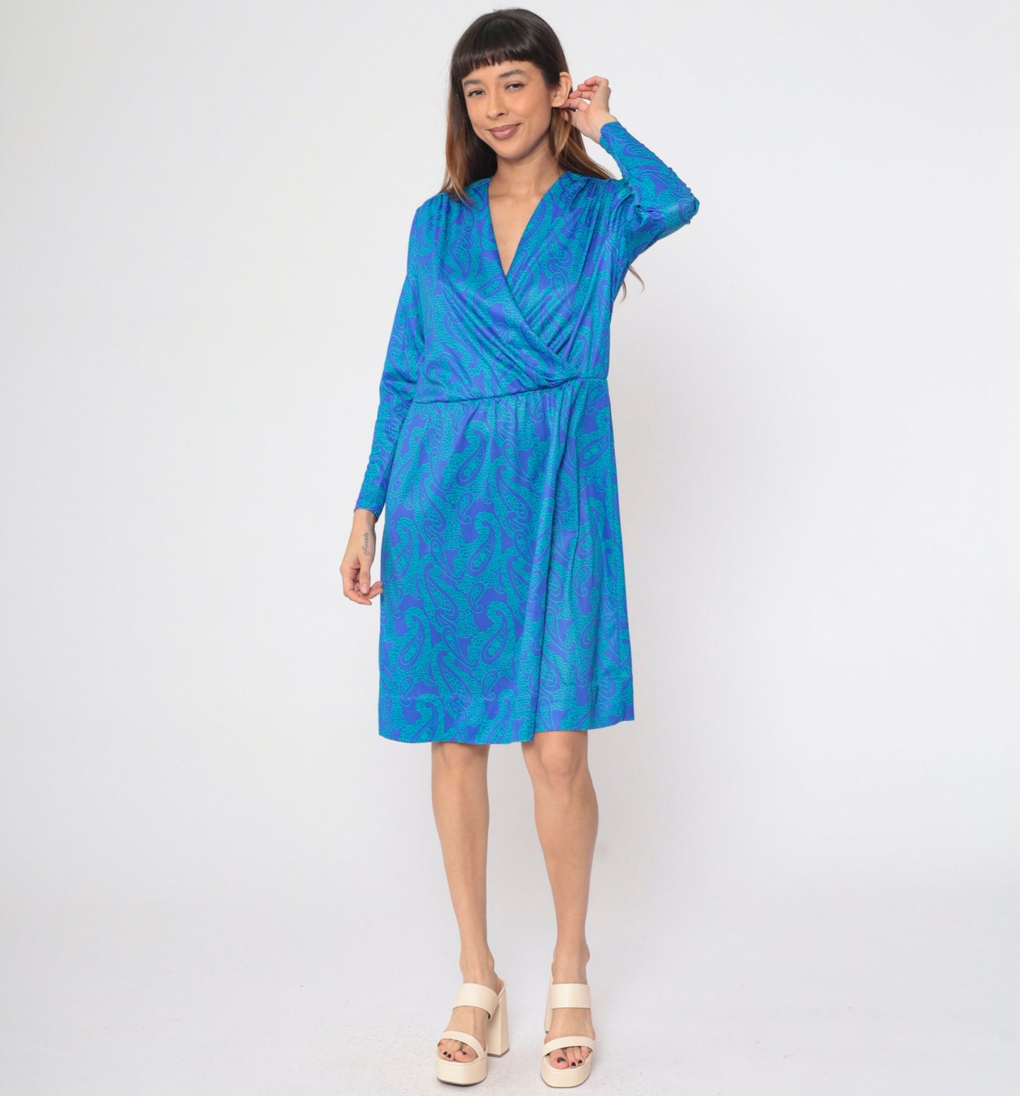 90s Blair Paisley Faux Wrap Midi Dress Puff Sleeve V-Neck Blue Green Large