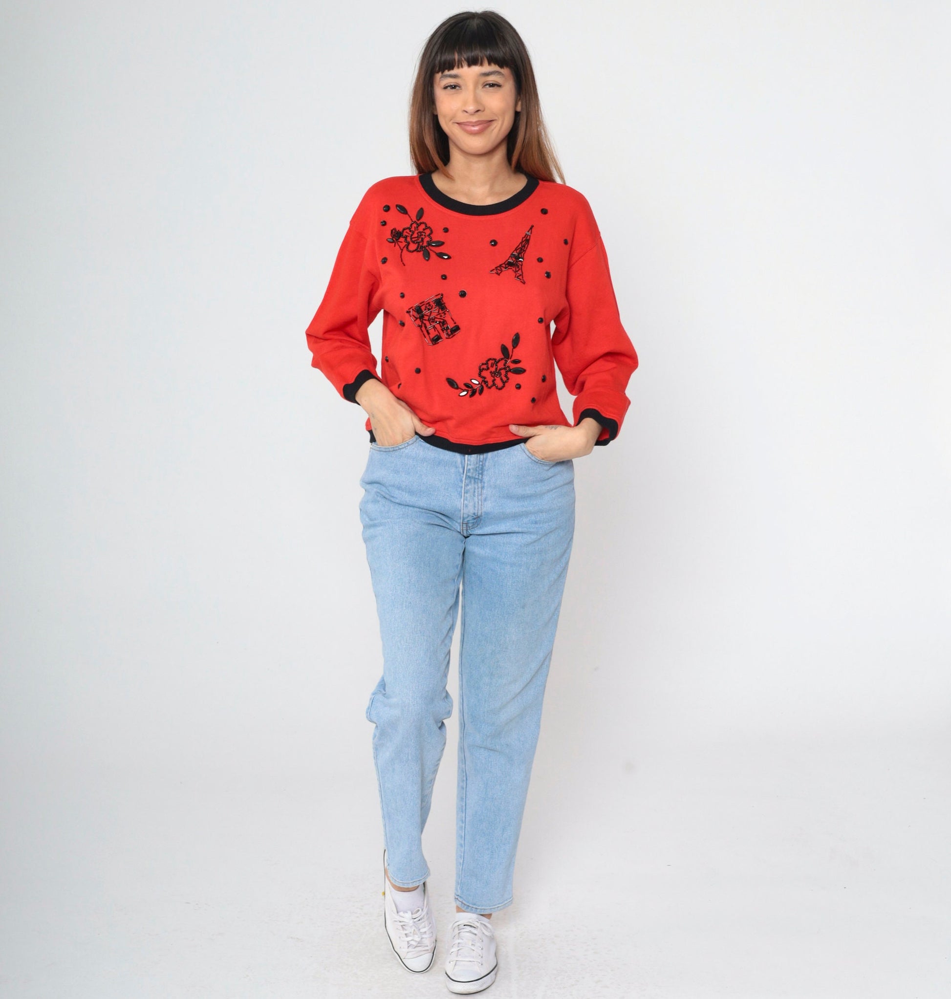 90s Carol Little Beaded Eiffel Tower Sweatshirt Red Ringer Medium
