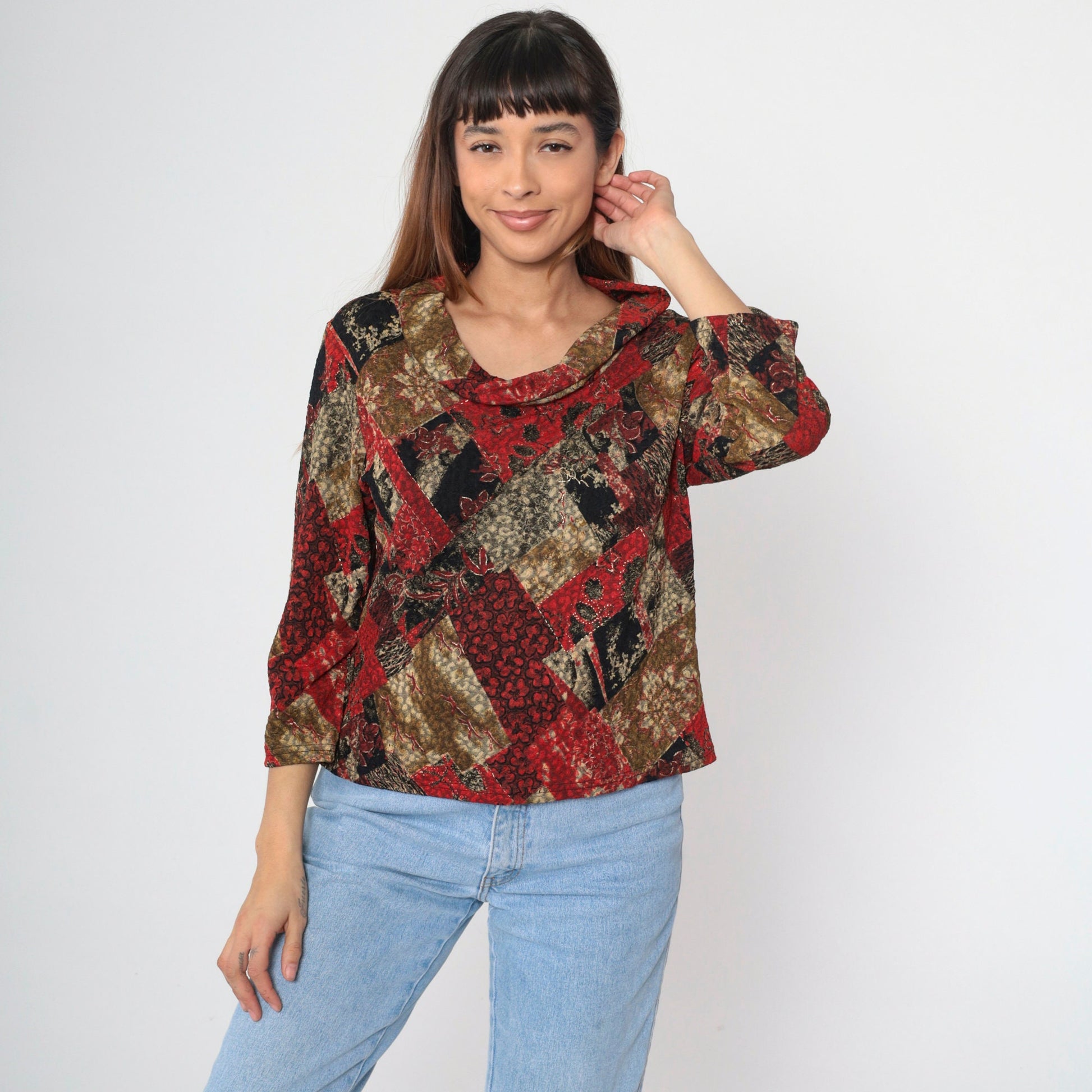 Y2K Carducci Patchwork Floral Cowl Neck Blouse Metallic Long Sleeve Extra Large XXL